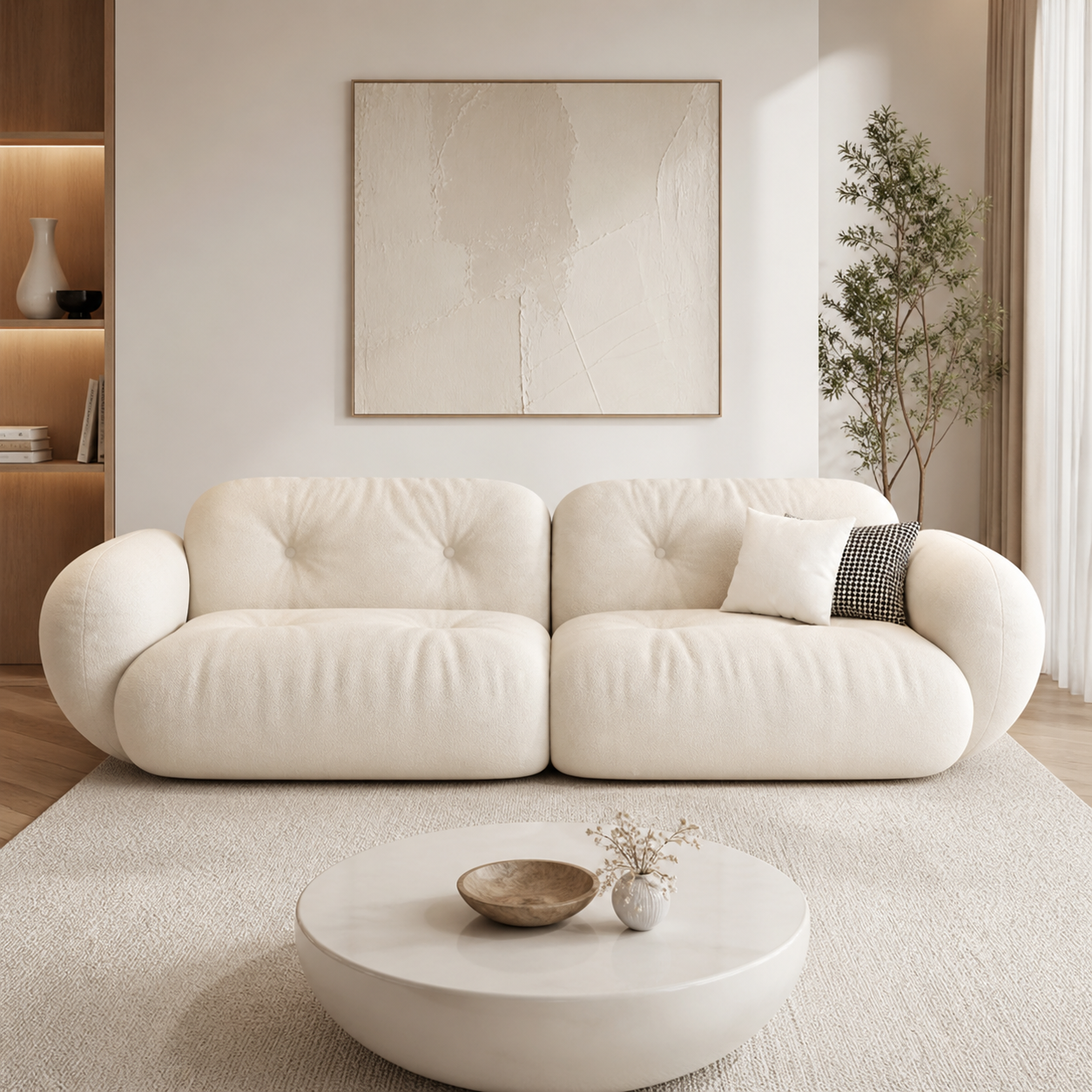 Modern Curved Boucle Lounge Sofa with Deep Cushioned Seating Premium Designer Upholstered Sofa for Luxury Living Rooms
