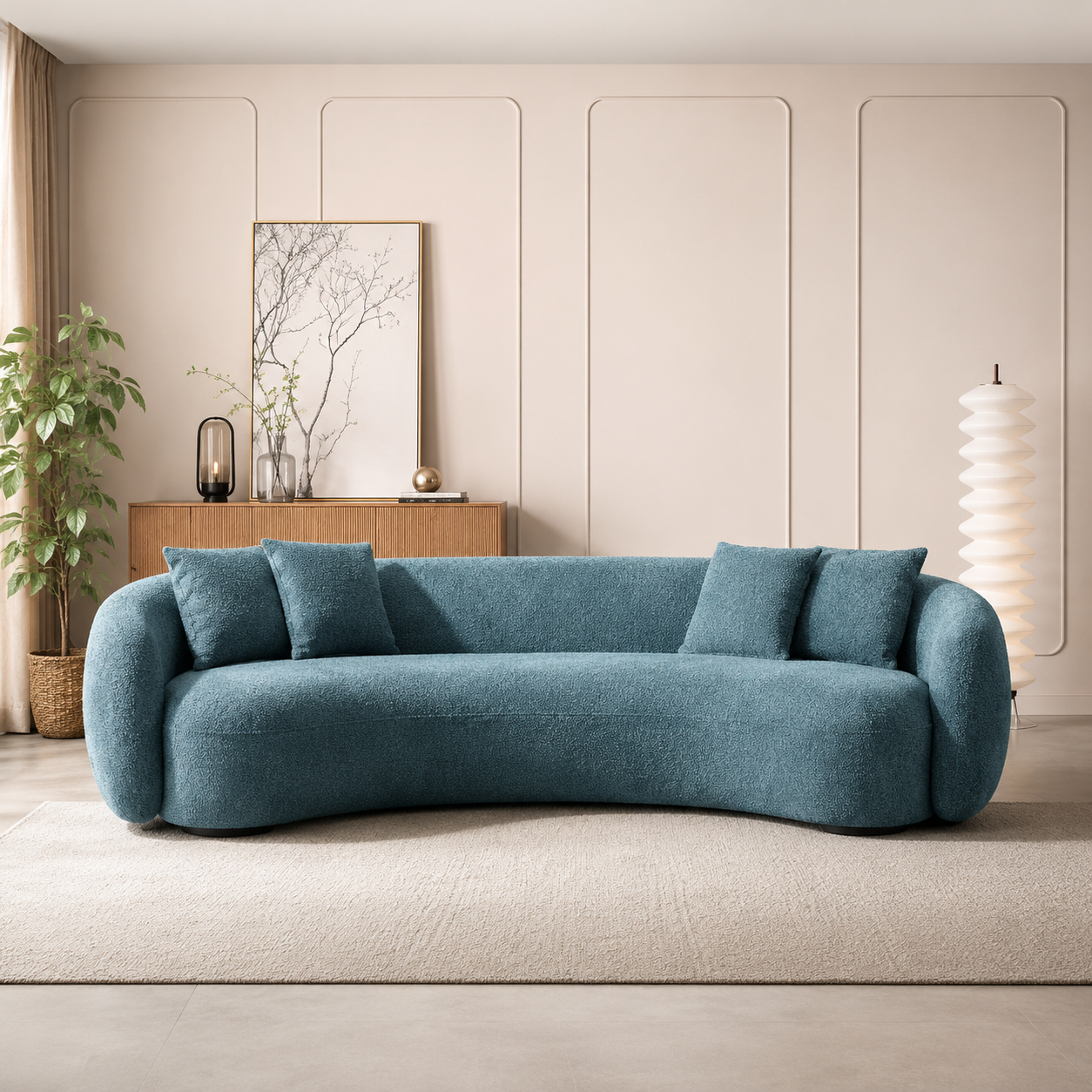 Modern Curved Luxury Sofa with Deep Seating, Sculptural Contemporary Design and Premium Upholstery for Living Room Spaces