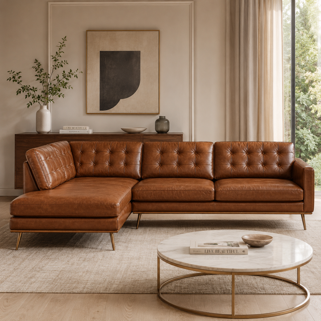 Modern Tufted L Shape Leather Sofa with Chaise Lounge, Premium Upholstery, Deep Comfort Seating & Contemporary Design