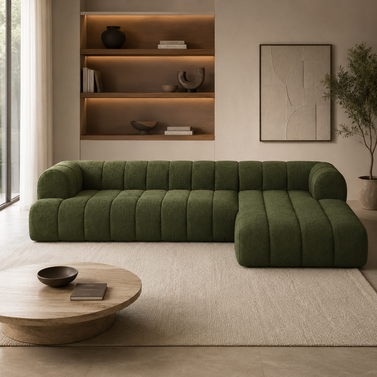 Modern L Shape Lounge Sofa with Deep Tufted Design, Premium Upholstery & Contemporary Low Profile Living Room Seating