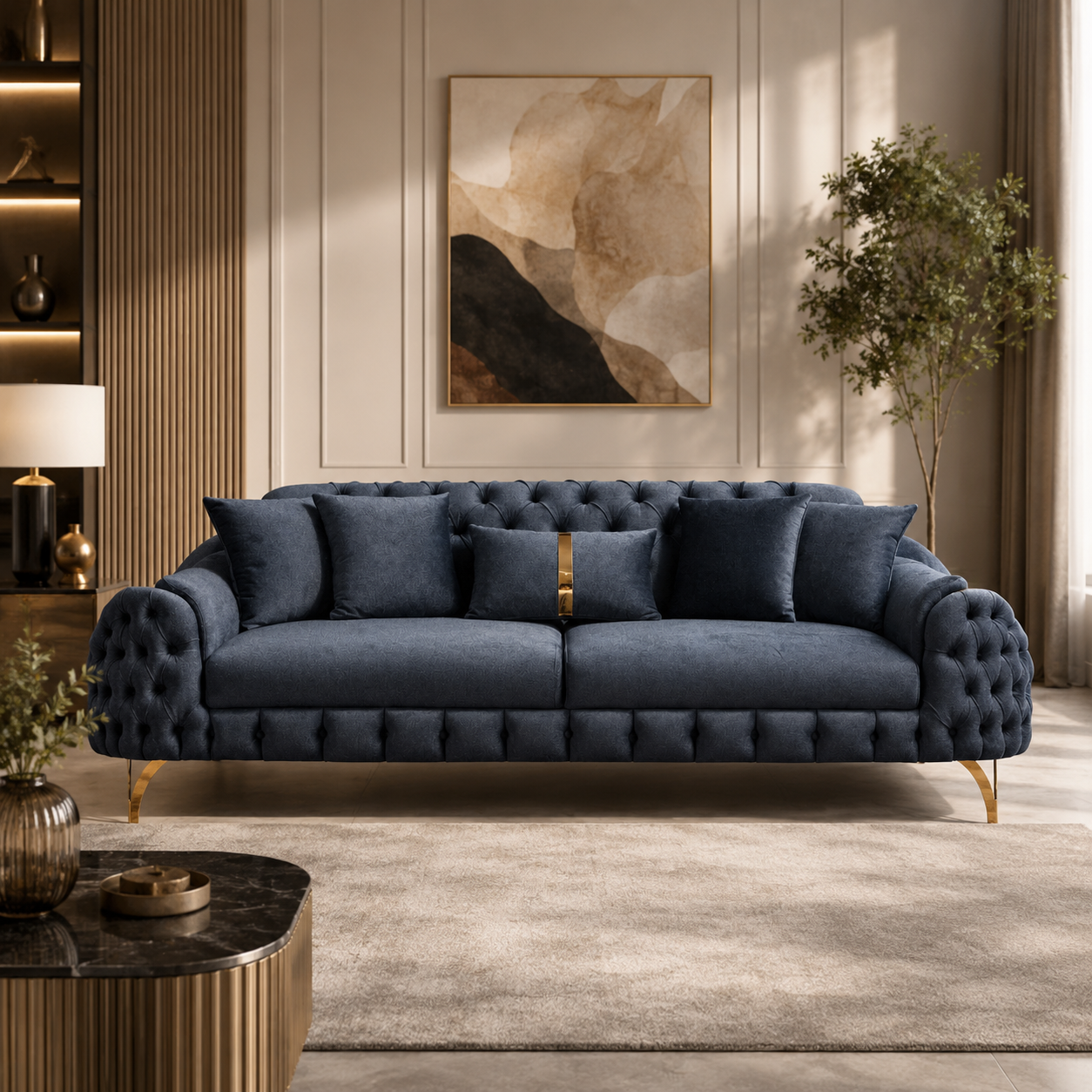 Luxury Tufted Velvet Sofa with Deep Button Detailing, Gold Finish Legs & Premium Upholstered Modern Living Room Couch