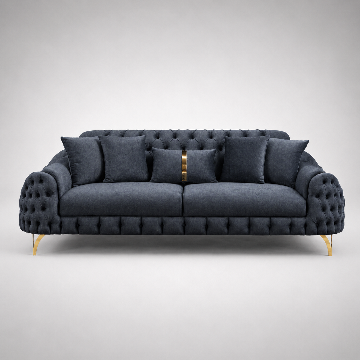 Luxury Tufted Velvet Sofa with Deep Button Detailing, Gold Finish Legs & Premium Upholstered Modern Living Room Couch
