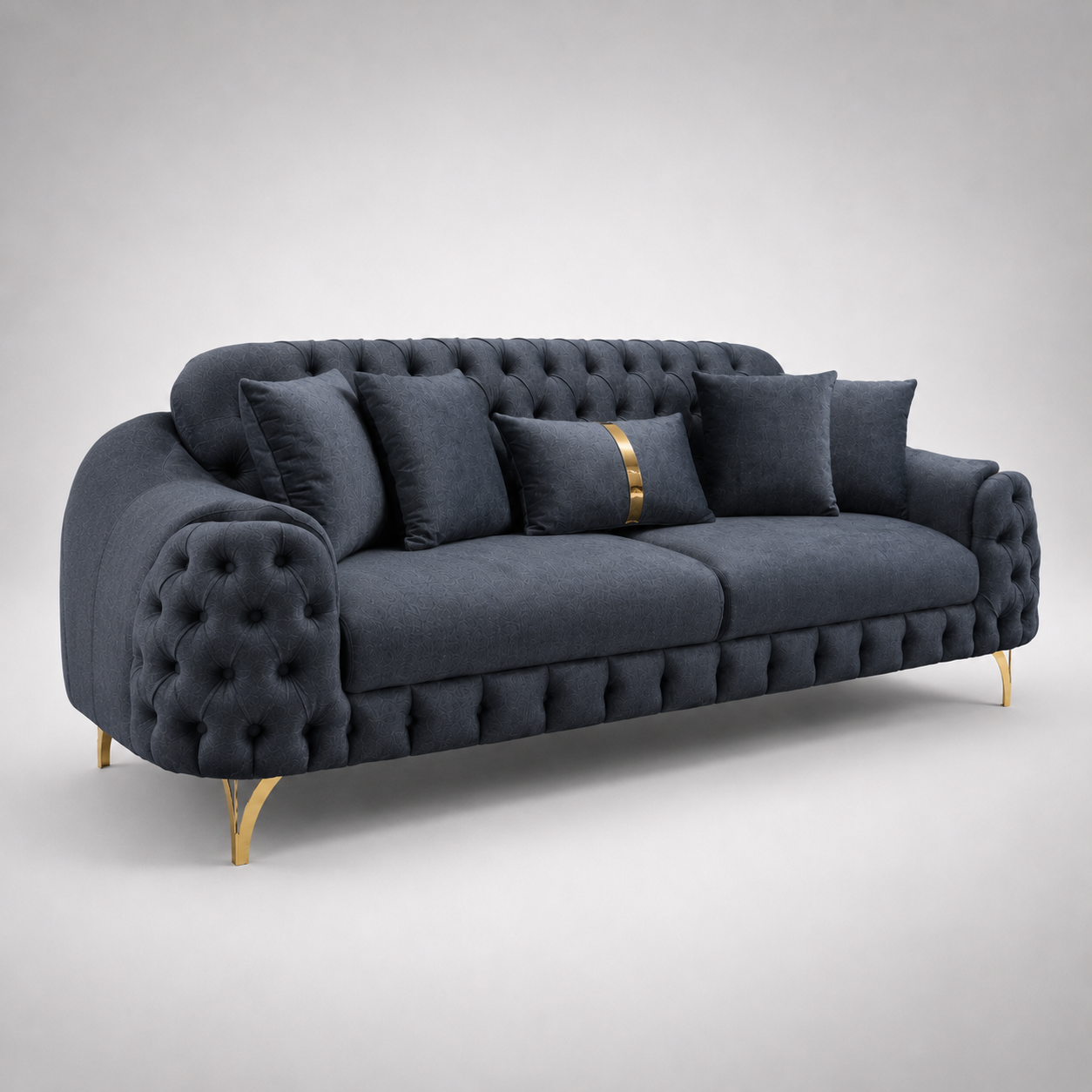 Luxury Tufted Velvet Sofa with Deep Button Detailing, Gold Finish Legs & Premium Upholstered Modern Living Room Couch