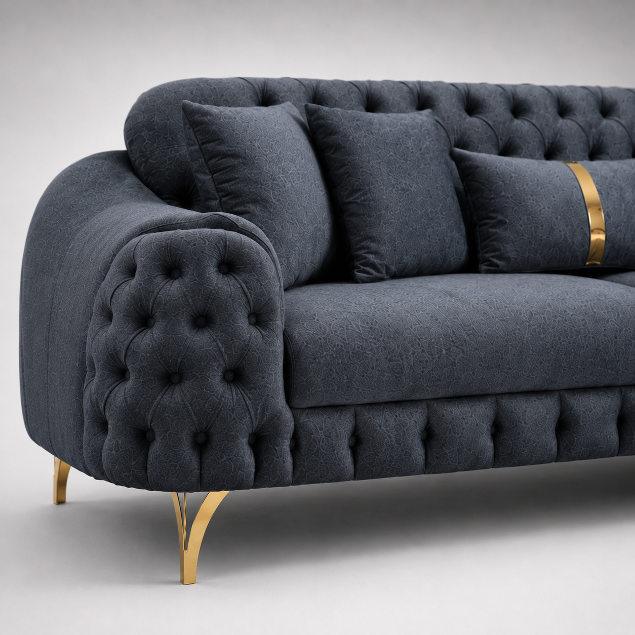 Luxury Tufted Velvet Sofa with Deep Button Detailing, Gold Finish Legs & Premium Upholstered Modern Living Room Couch