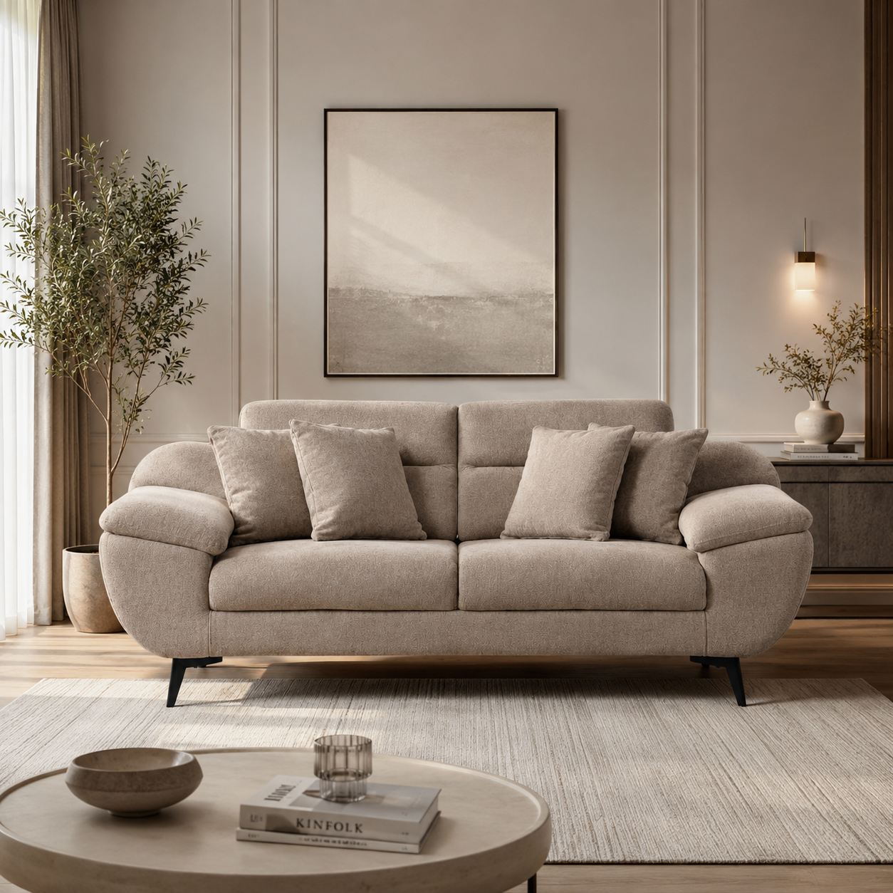 Modern Luxury Upholstered Fabric Sofa with Curved Arms, Plush Cushions & Contemporary Metal Legs for Living Room Spaces