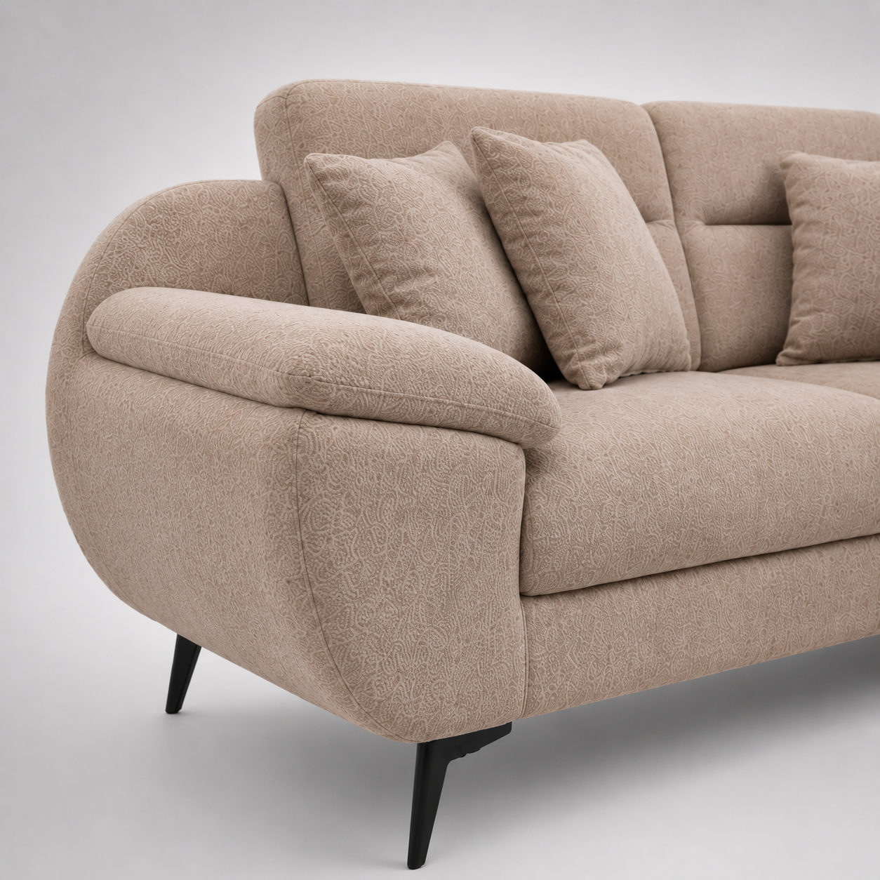 Modern Luxury Upholstered Fabric Sofa with Curved Arms, Plush Cushions & Contemporary Metal Legs for Living Room Spaces