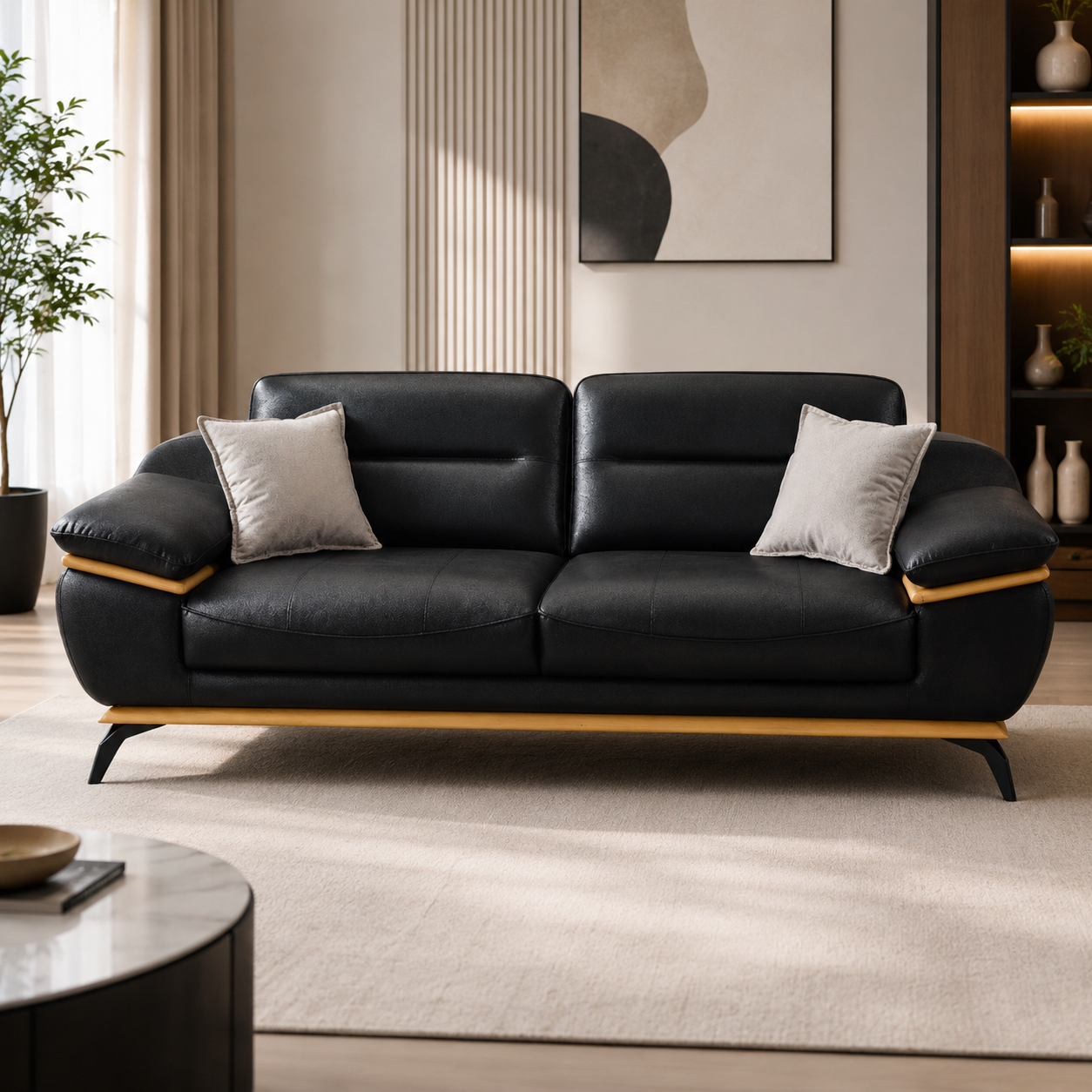 Modern Luxury Upholstered Sofa with Gold Accent Details, Premium Cushion Seating & Contemporary Designer Living Room Sofa