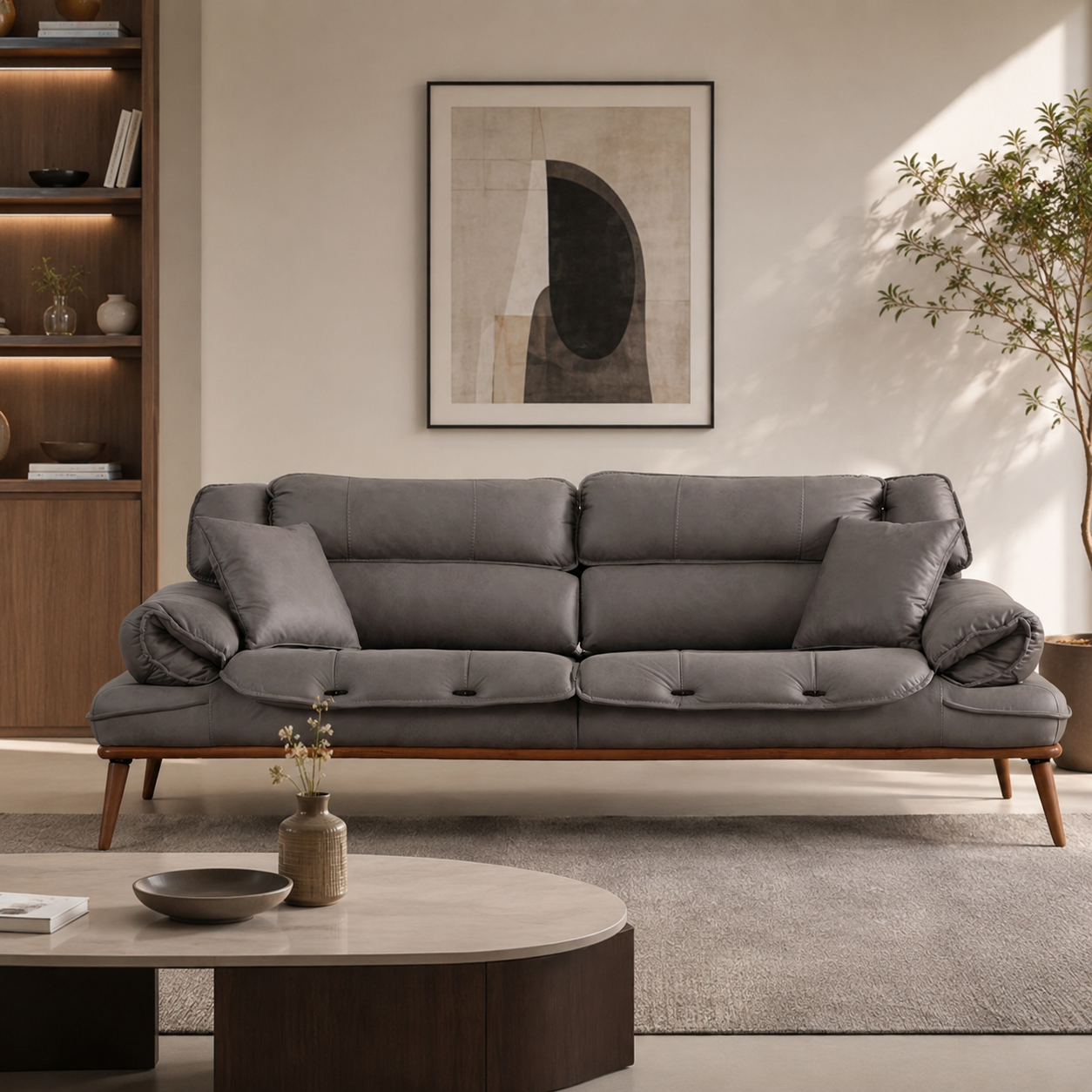 Modern Luxury Upholstered Sofa with Premium Leatherette Finish, Plush Cushioning & Solid Wood Legs for Elegant Interiors