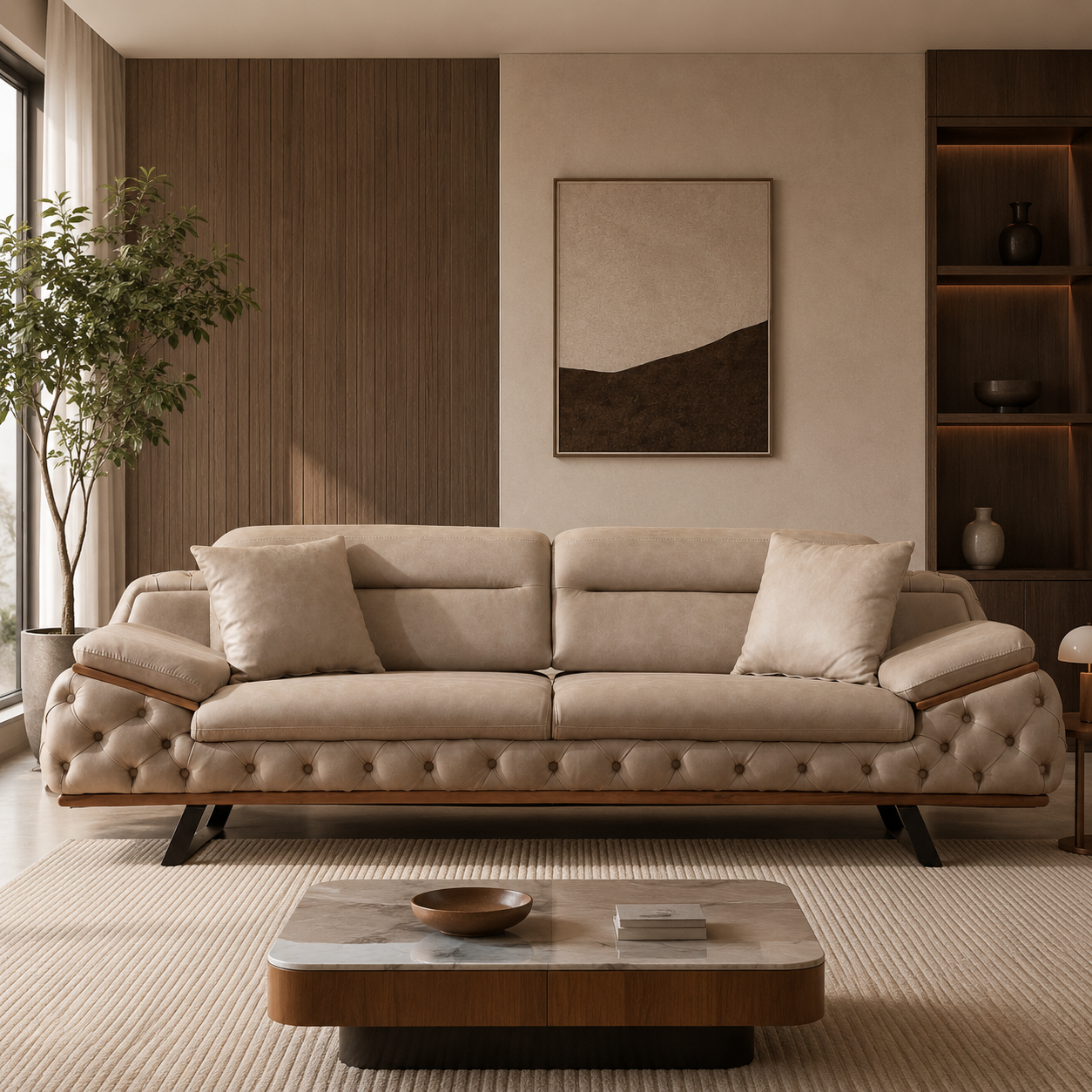 Modern Luxury Tufted Upholstered Sofa with Premium Cushioning, Wooden Base & Contemporary Metal Legs for Living Rooms