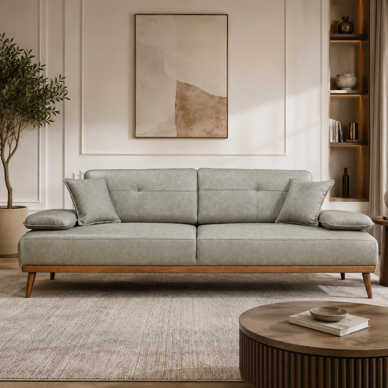 Modern Premium Upholstered Leather Sofa with Wooden Base Frame and Contemporary Luxury Design for Living Room Furniture