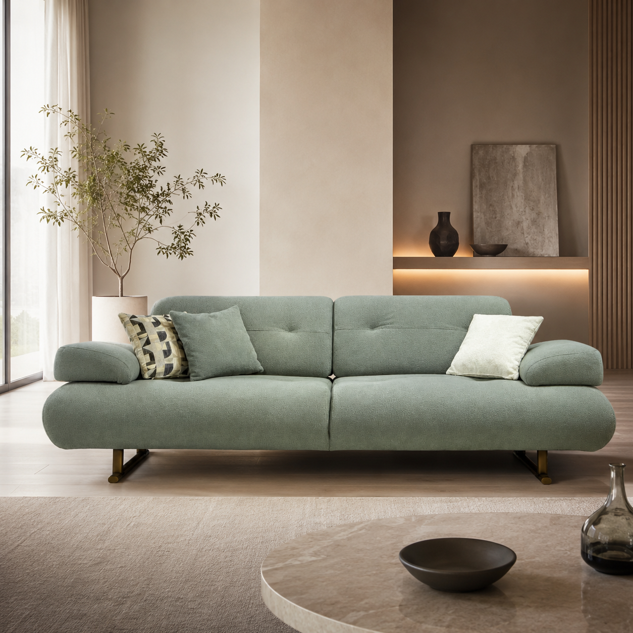 Modern Minimalist Fabric Sofa with Premium Upholstery, Solid Wood Frame, Metal Legs, Ergonomic Comfort Seating for Living Room Interior Spaces