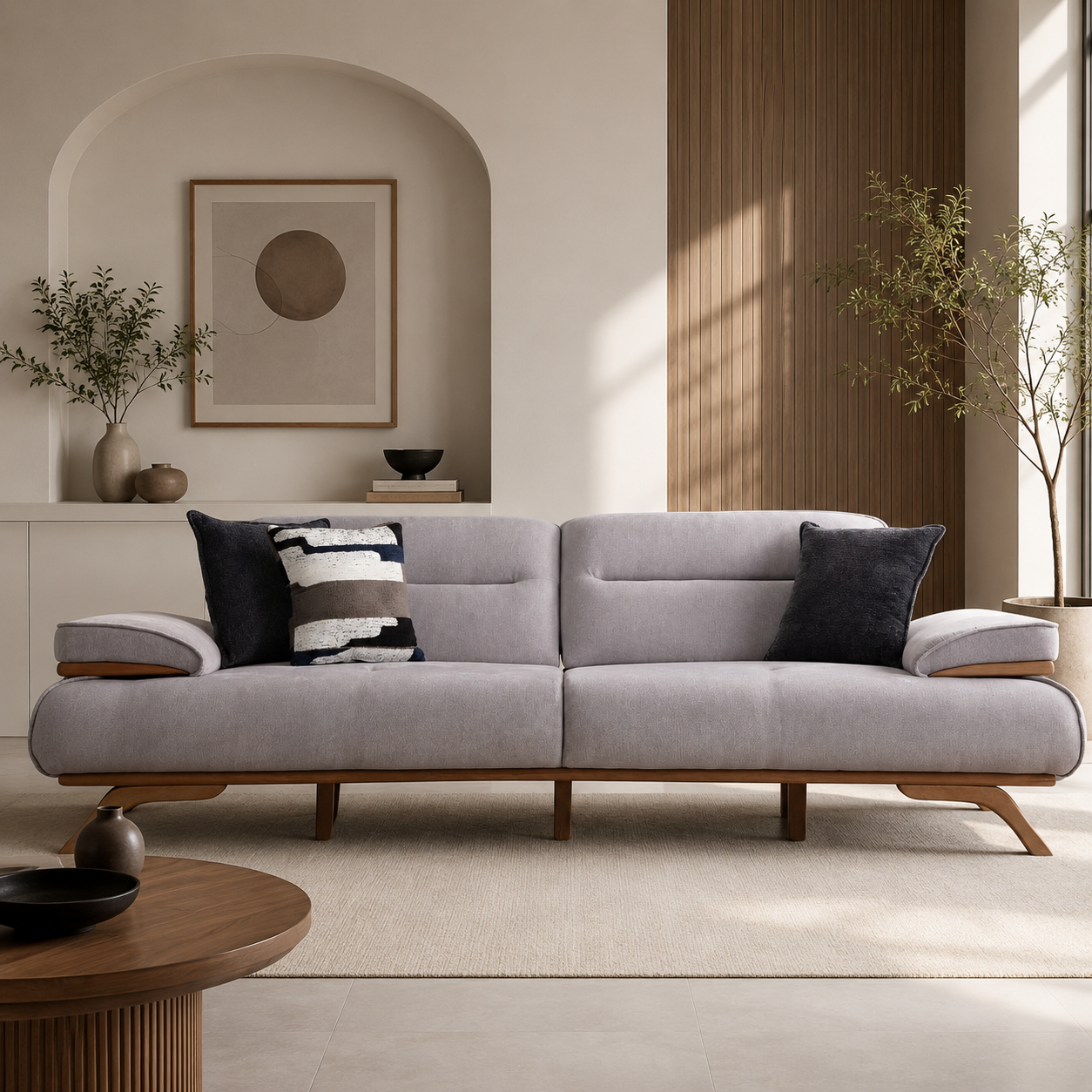 Modern Upholstered Fabric Sofa with Wooden Base Premium Contemporary Living Room Furniture for Luxury Interior Spaces