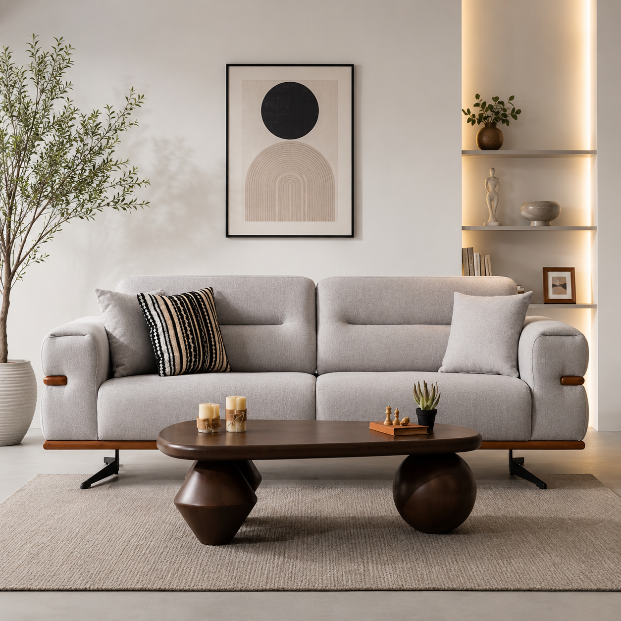 Modern Luxury Upholstered Fabric Sofa with Wooden Accent Base & Metal Legs for Contemporary Living Room Interiors