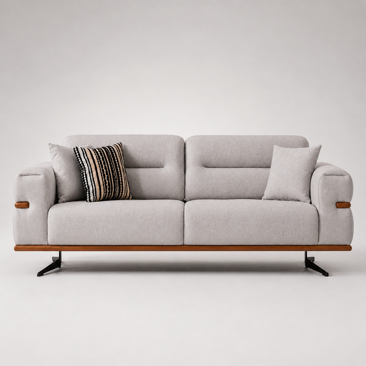Modern Luxury Upholstered Fabric Sofa with Wooden Accent Base & Metal Legs for Contemporary Living Room Interiors