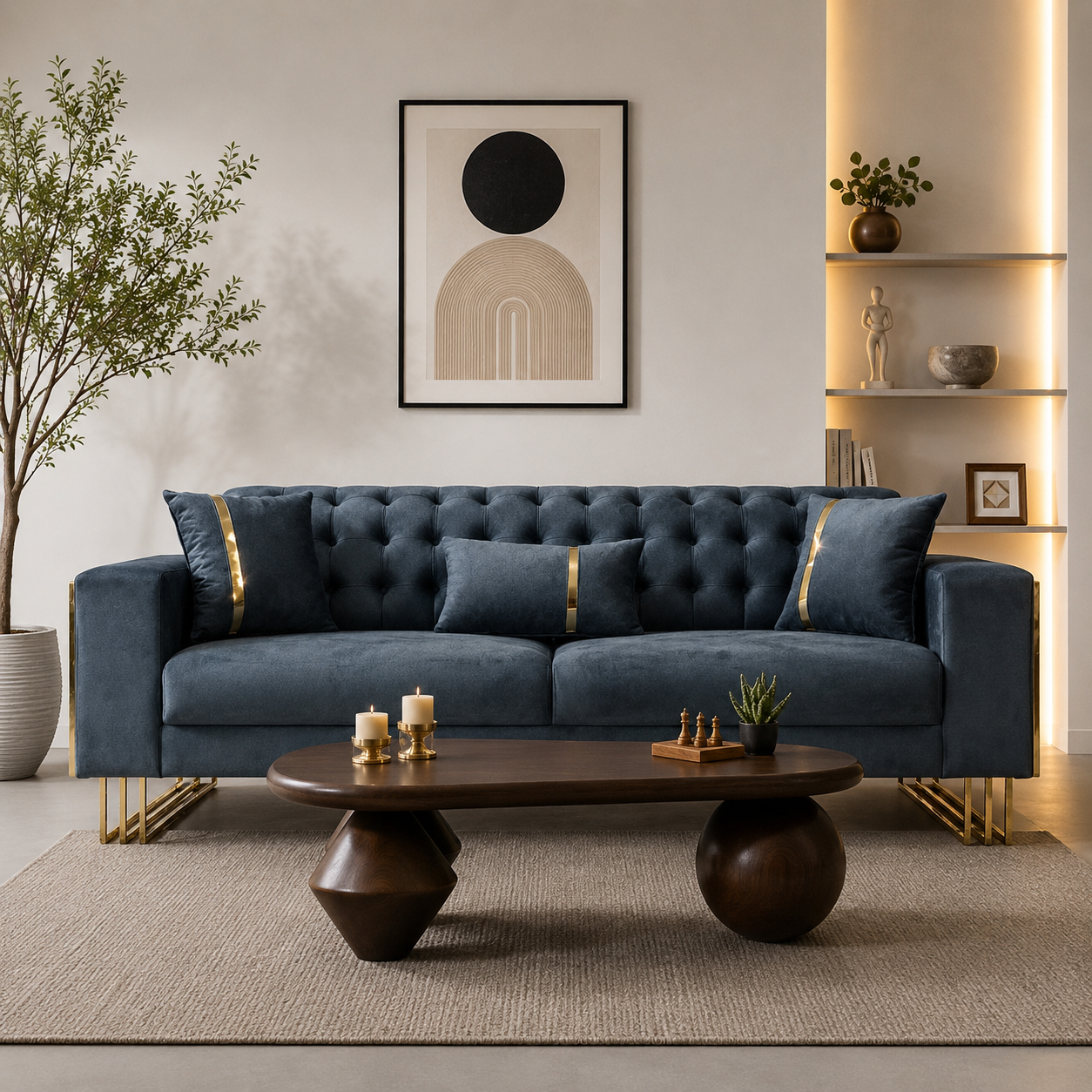 Modern Luxury Velvet Tufted Sofa with Gold Metal Accents, Deep Button Backrest & Premium Upholstered Designer Seating