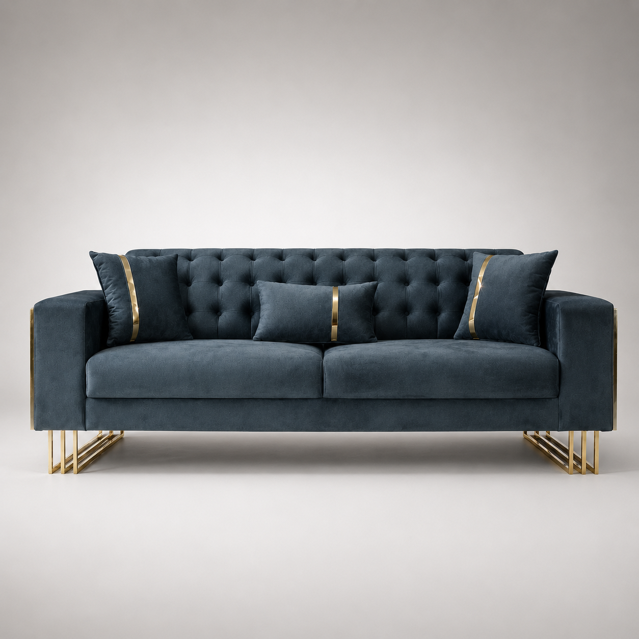 Modern Luxury Velvet Tufted Sofa with Gold Metal Accents, Deep Button Backrest & Premium Upholstered Designer Seating