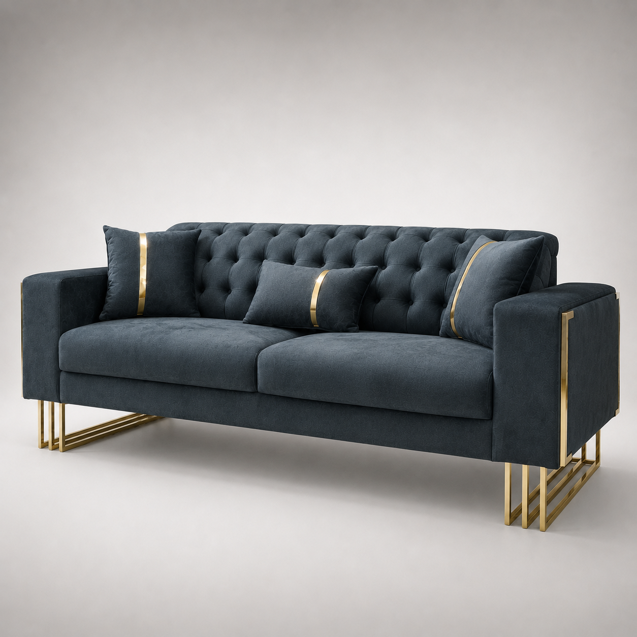 Modern Luxury Velvet Tufted Sofa with Gold Metal Accents, Deep Button Backrest & Premium Upholstered Designer Seating