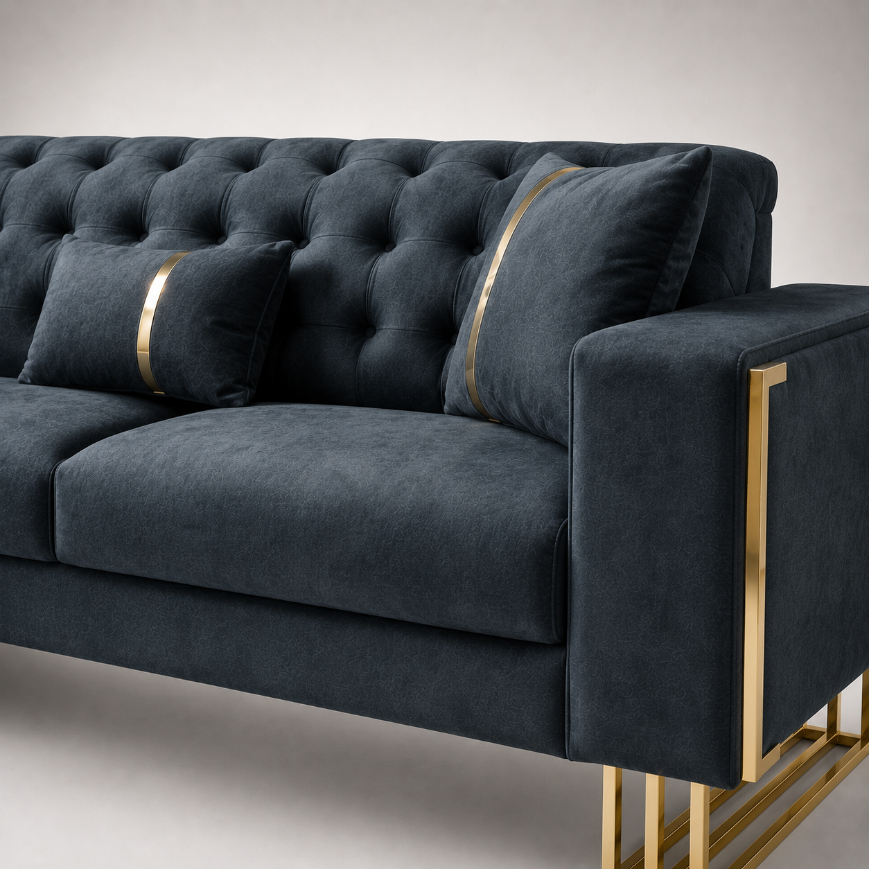 Modern Luxury Velvet Tufted Sofa with Gold Metal Accents, Deep Button Backrest & Premium Upholstered Designer Seating