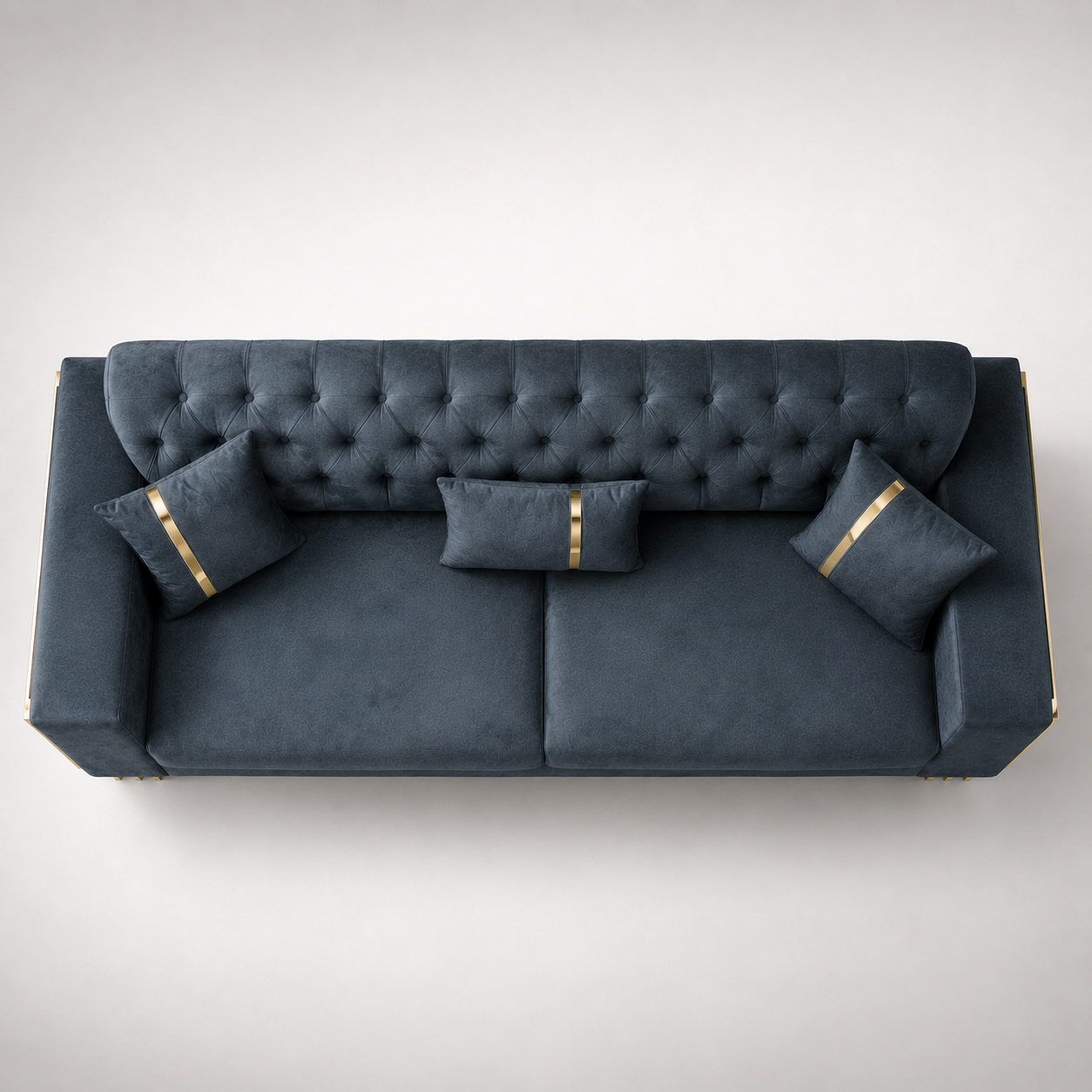 Modern Luxury Velvet Tufted Sofa with Gold Metal Accents, Deep Button Backrest & Premium Upholstered Designer Seating