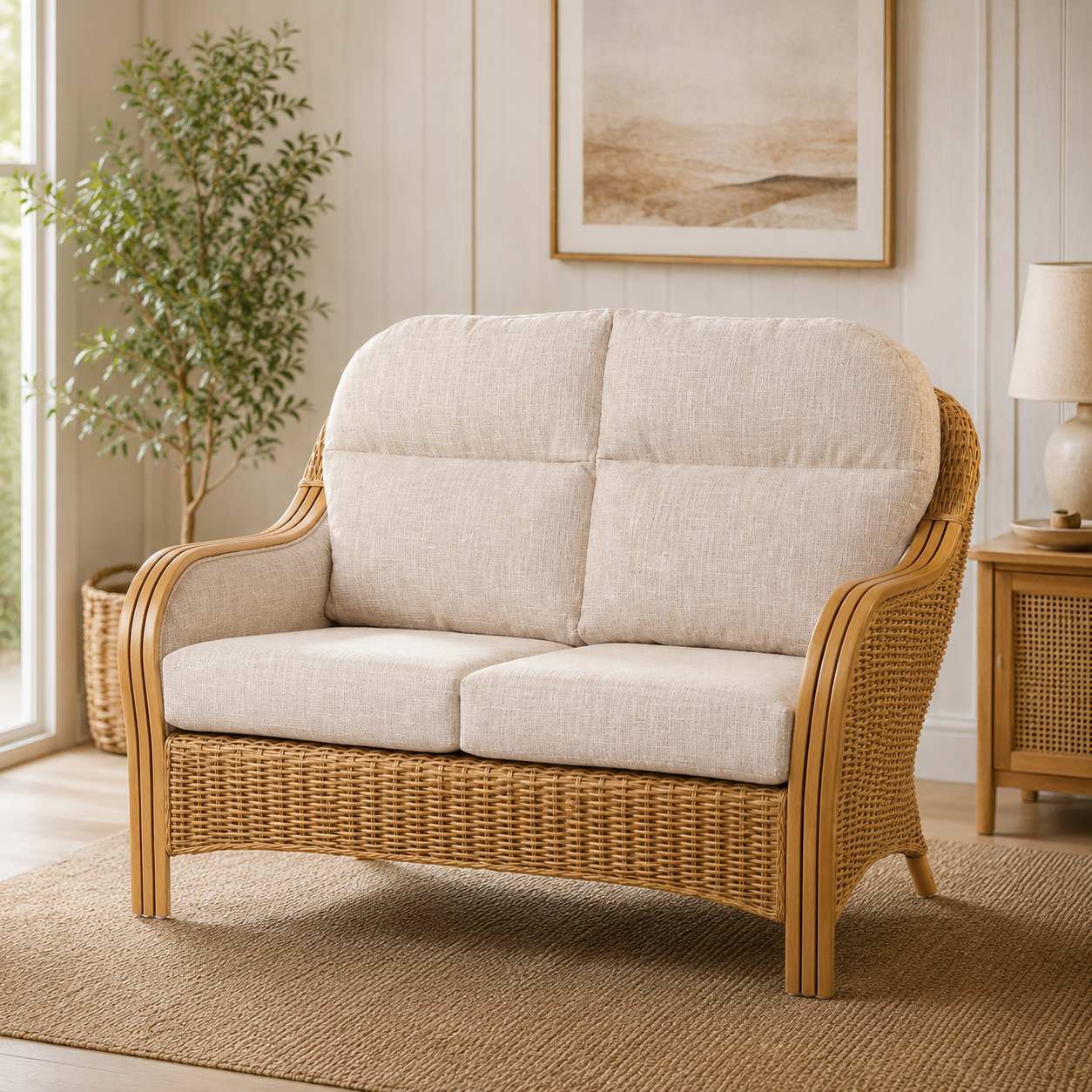 Luxury Handcrafted Rattan Wicker Loveseat Sofa with Cushioned Seating, Curved Wooden Arms & Modern Natural Finish