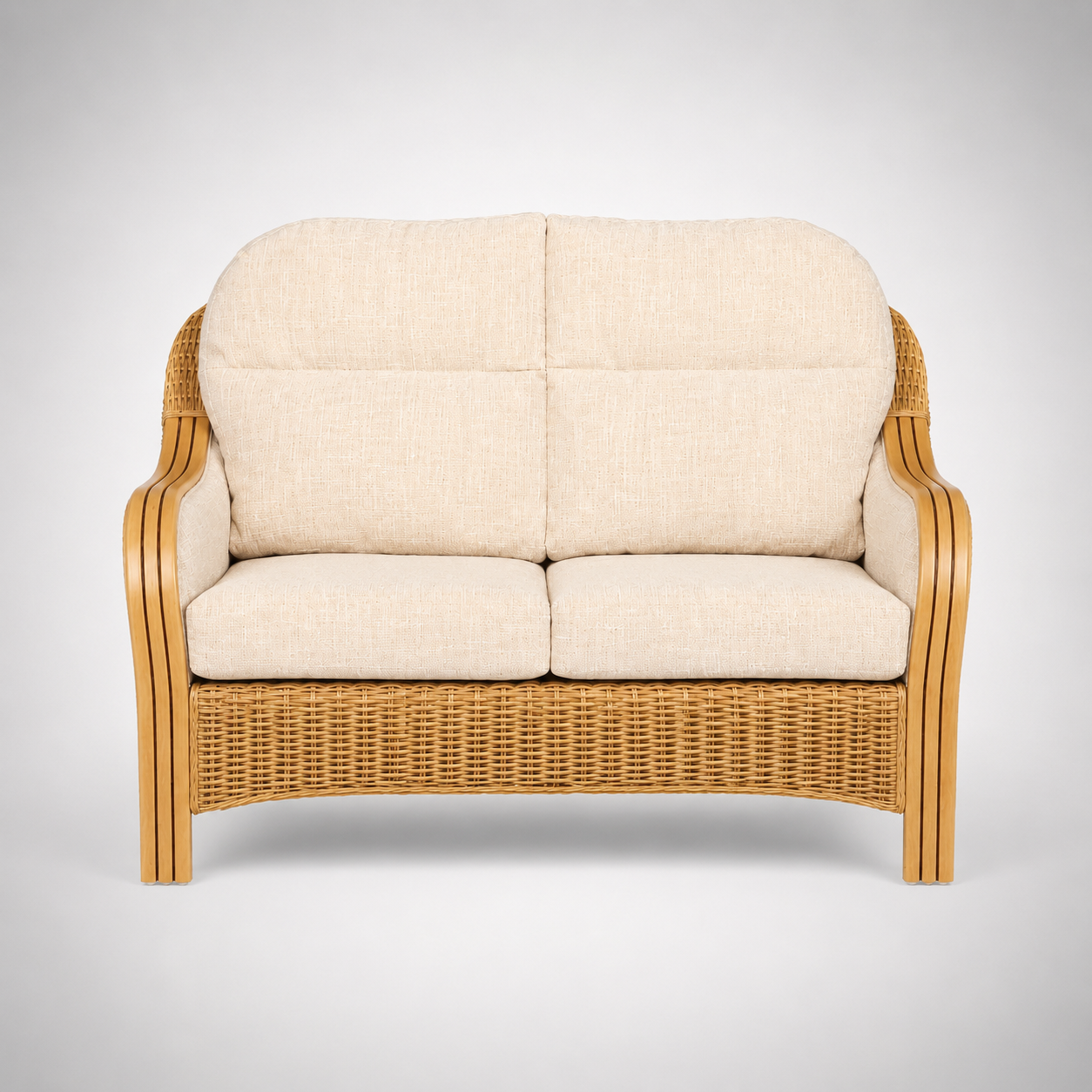 Luxury Handcrafted Rattan Wicker Loveseat Sofa with Cushioned Seating, Curved Wooden Arms & Modern Natural Finish