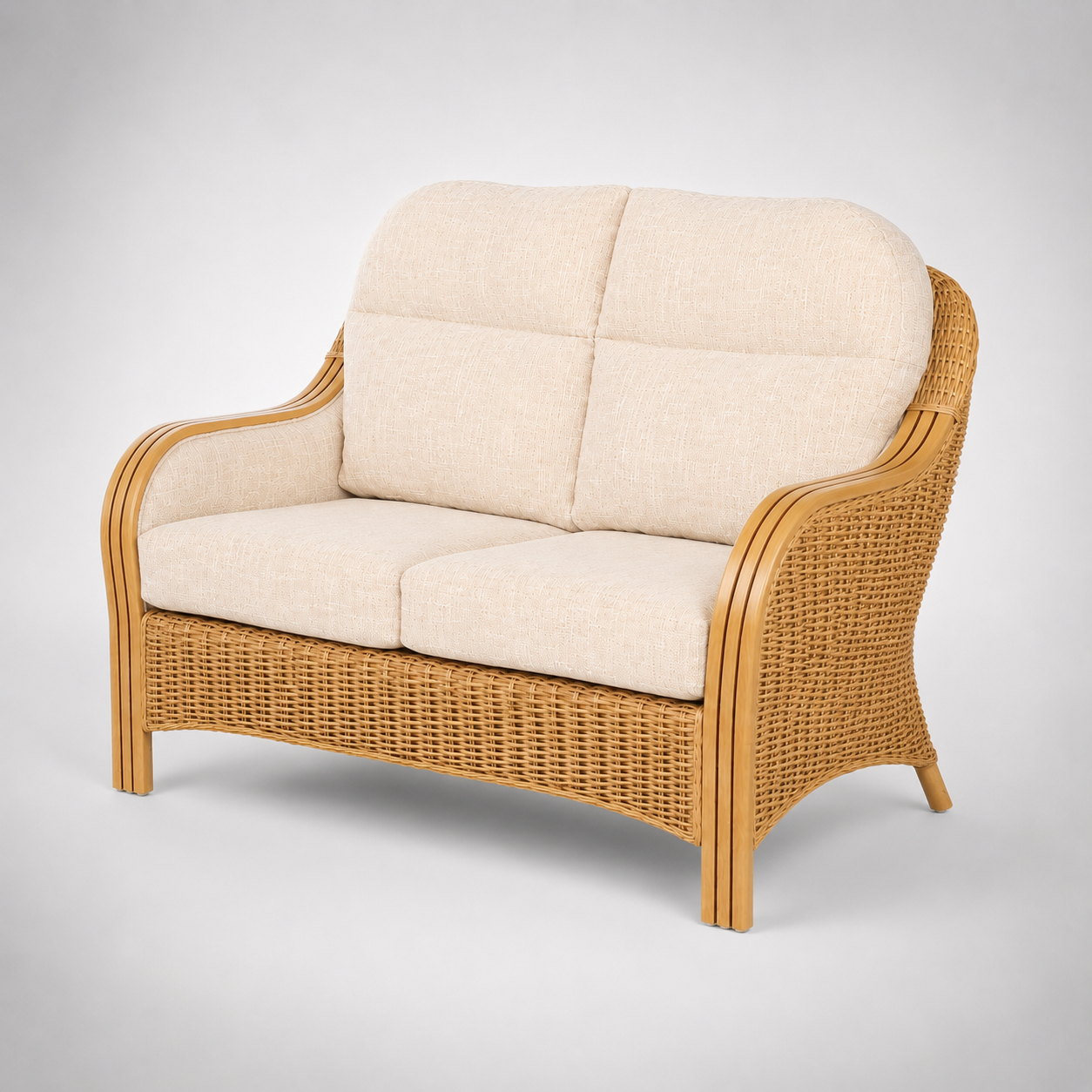 Luxury Handcrafted Rattan Wicker Loveseat Sofa with Cushioned Seating, Curved Wooden Arms & Modern Natural Finish