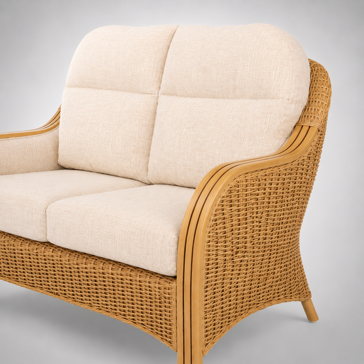 Luxury Handcrafted Rattan Wicker Loveseat Sofa with Cushioned Seating, Curved Wooden Arms & Modern Natural Finish