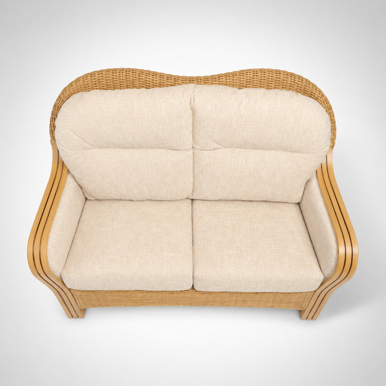 Luxury Handcrafted Rattan Wicker Loveseat Sofa with Cushioned Seating, Curved Wooden Arms & Modern Natural Finish