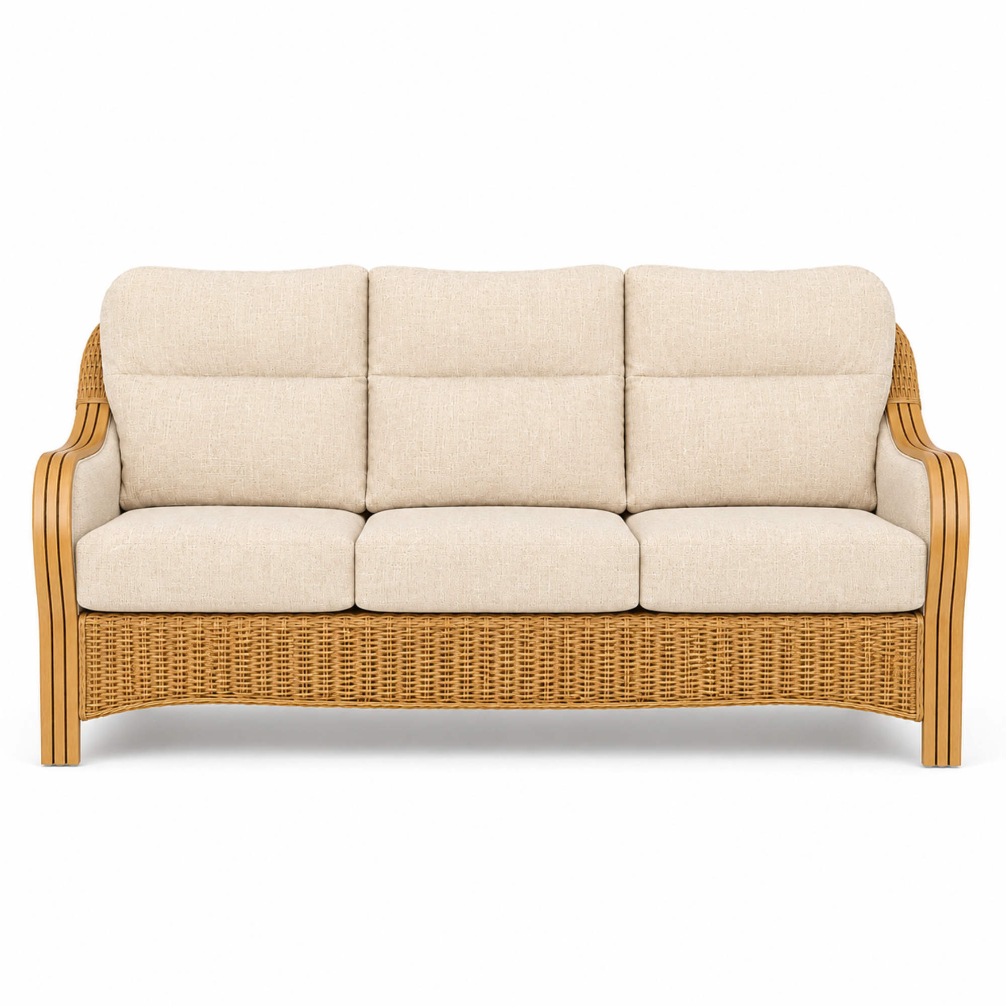 Luxury Handcrafted Rattan Wicker Loveseat Sofa with Cushioned Seating, Curved Wooden Arms & Modern Natural Finish