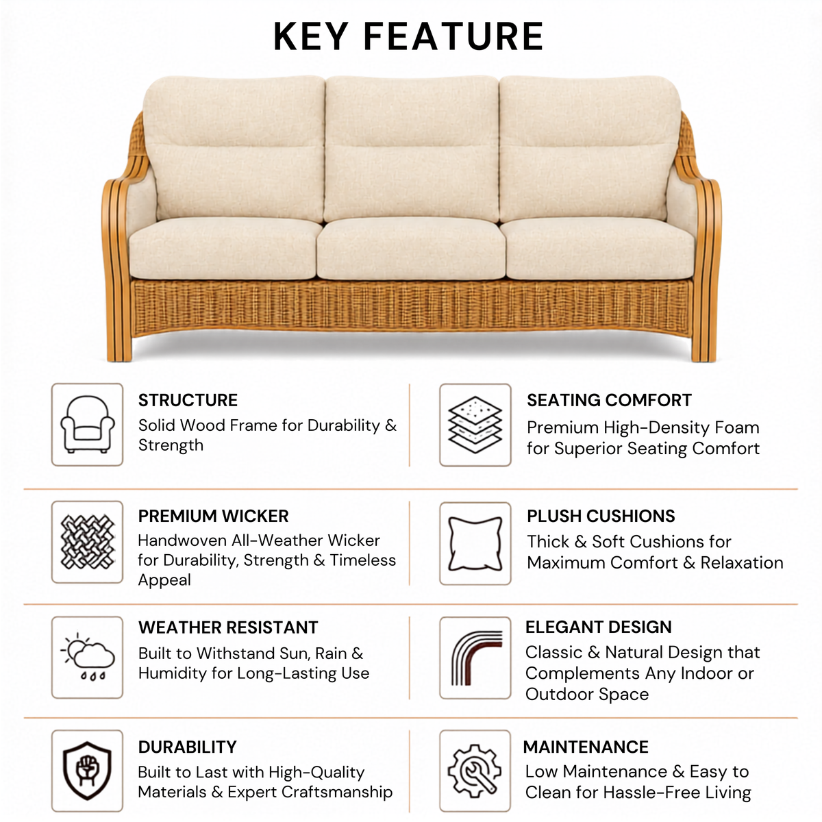 Luxury Handcrafted Rattan Wicker Loveseat Sofa with Cushioned Seating, Curved Wooden Arms & Modern Natural Finish
