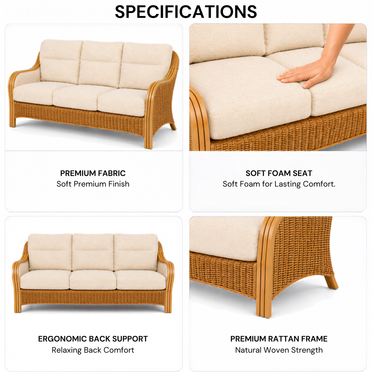 Luxury Handcrafted Rattan Wicker Loveseat Sofa with Cushioned Seating, Curved Wooden Arms & Modern Natural Finish