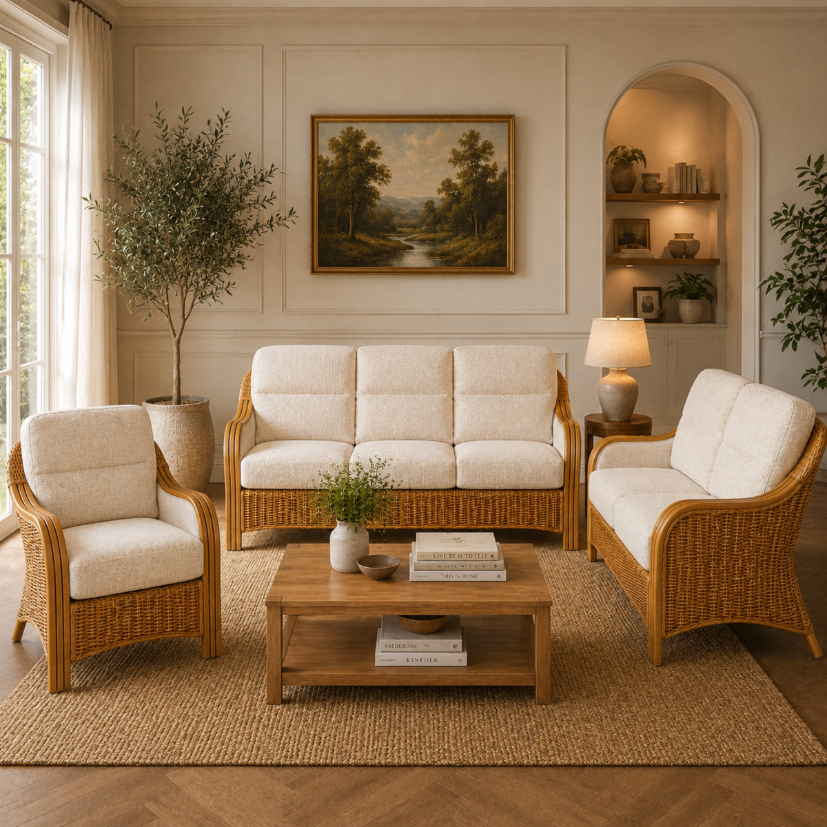 Luxury Handcrafted Rattan Wicker Loveseat Sofa with Cushioned Seating, Curved Wooden Arms & Modern Natural Finish