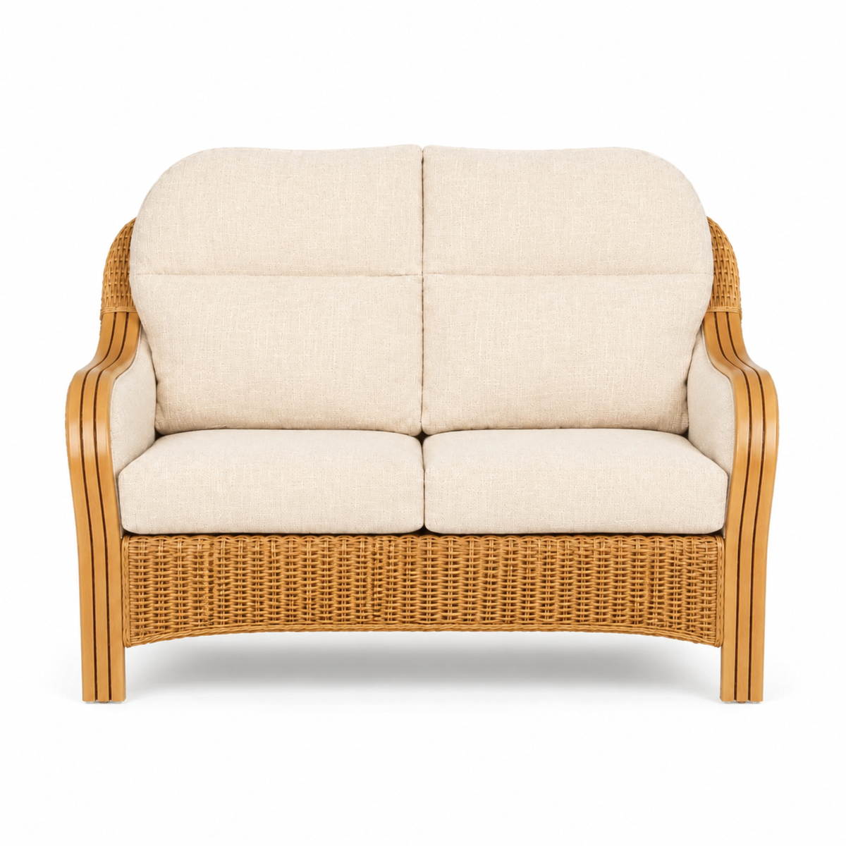 Luxury Handcrafted Rattan Wicker Loveseat Sofa with Cushioned Seating, Curved Wooden Arms & Modern Natural Finish
