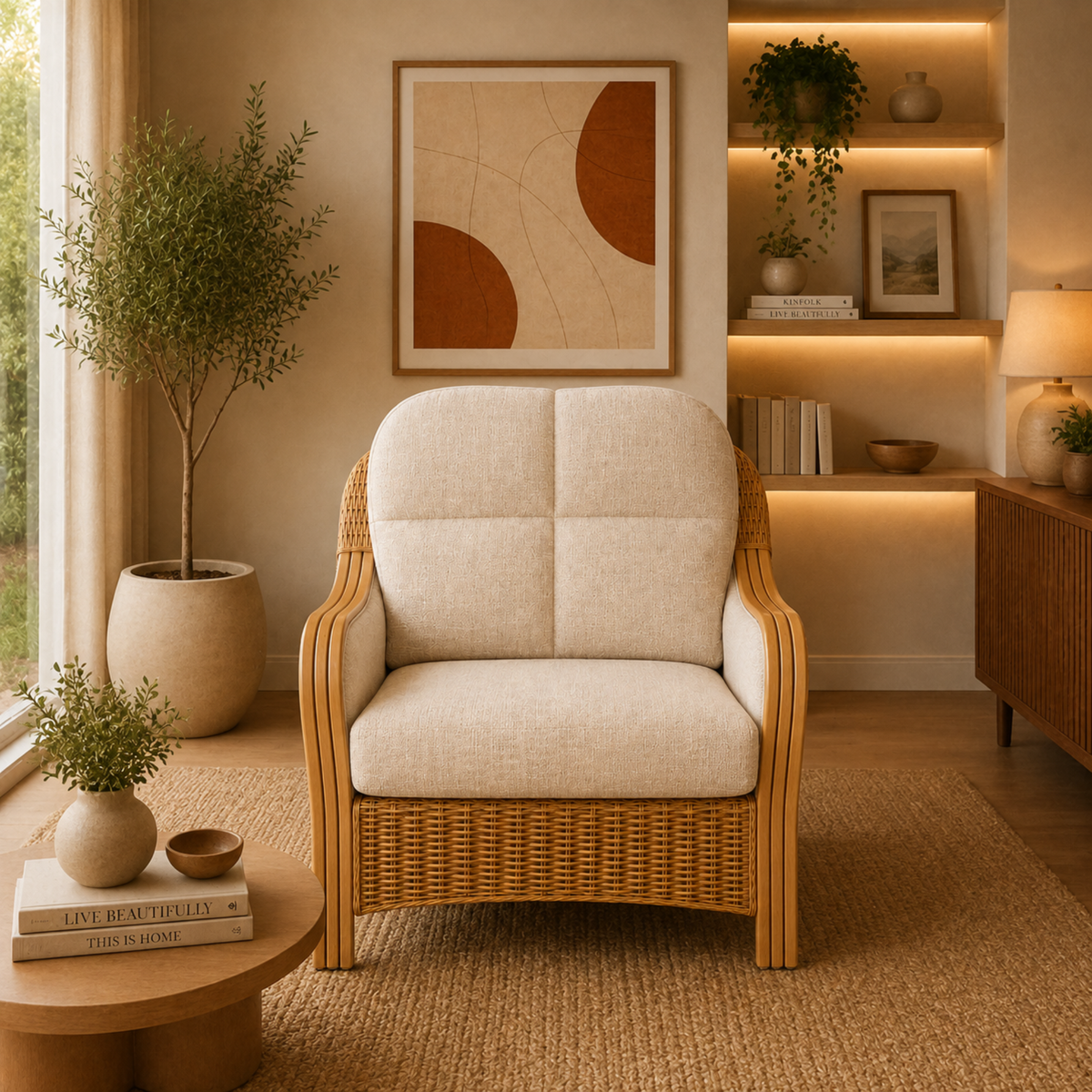 Luxury Handcrafted Rattan Wicker Loveseat Sofa with Cushioned Seating, Curved Wooden Arms & Modern Natural Finish