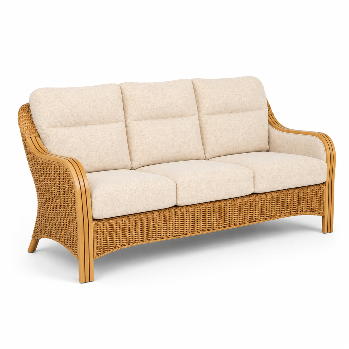 Luxury Handcrafted Rattan Wicker Loveseat Sofa with Cushioned Seating, Curved Wooden Arms & Modern Natural Finish