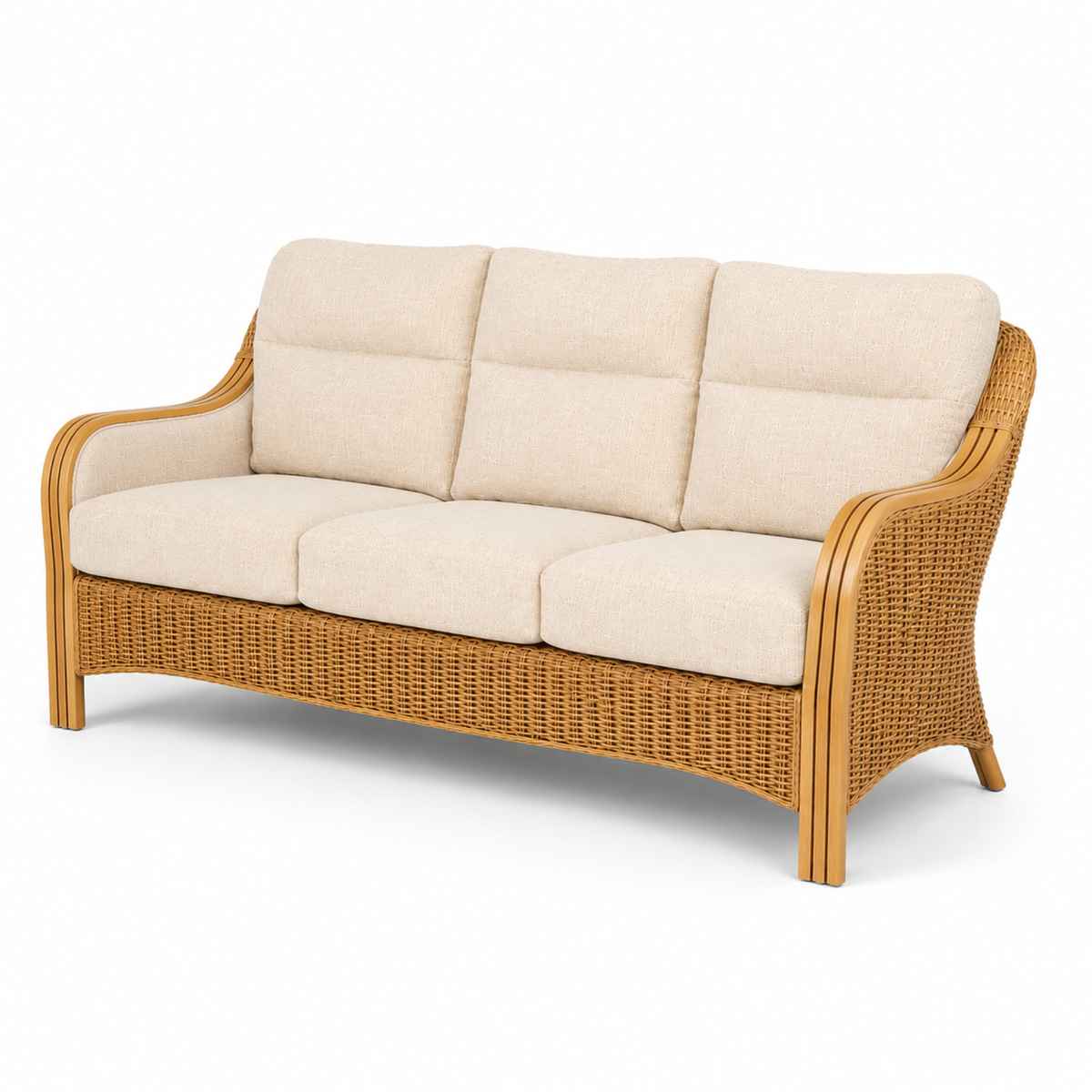 Luxury Handcrafted Rattan Wicker Loveseat Sofa with Cushioned Seating, Curved Wooden Arms & Modern Natural Finish