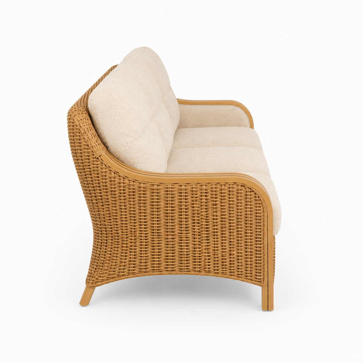 Luxury Handcrafted Rattan Wicker Loveseat Sofa with Cushioned Seating, Curved Wooden Arms & Modern Natural Finish