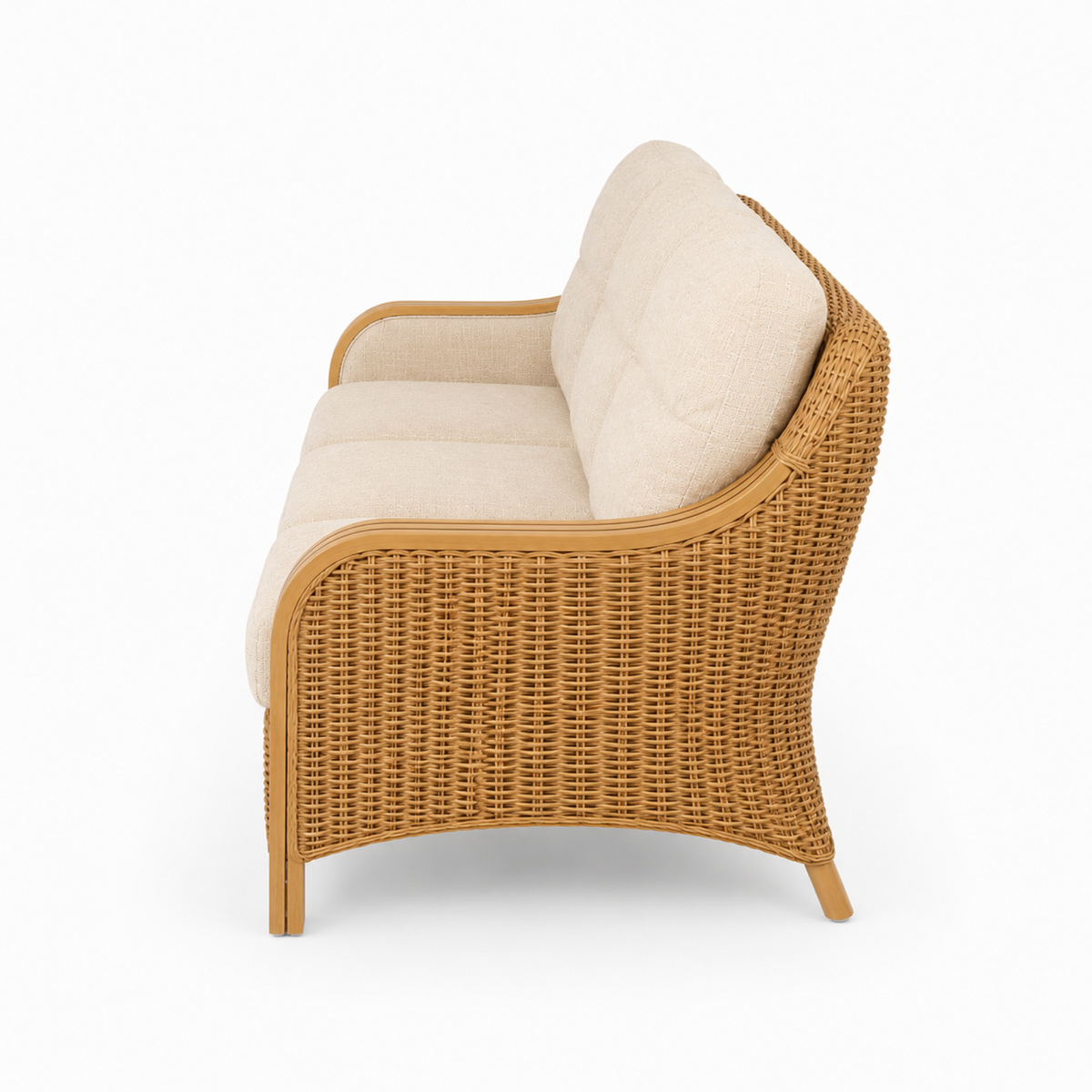 Luxury Handcrafted Rattan Wicker Loveseat Sofa with Cushioned Seating, Curved Wooden Arms & Modern Natural Finish