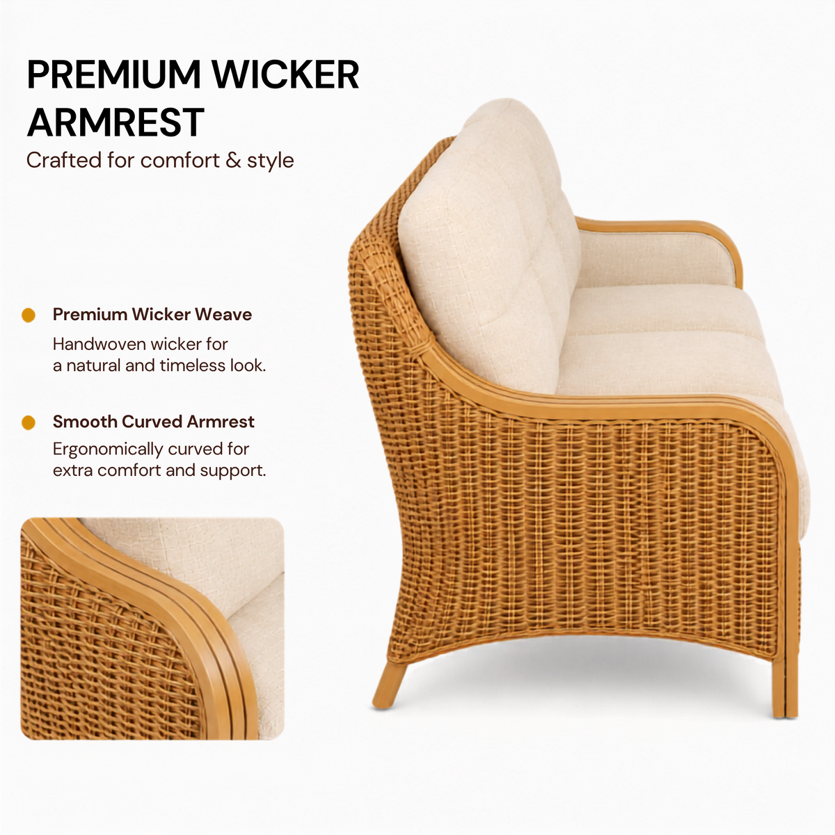 Luxury Handcrafted Rattan Wicker Loveseat Sofa with Cushioned Seating, Curved Wooden Arms & Modern Natural Finish