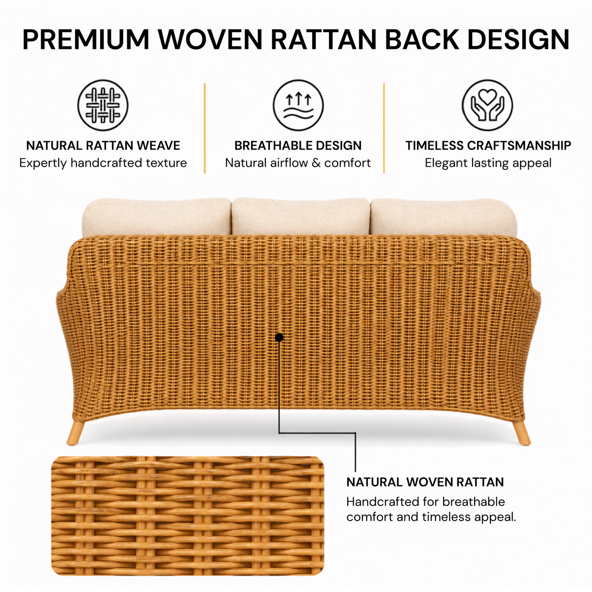 Luxury Handcrafted Rattan Wicker Loveseat Sofa with Cushioned Seating, Curved Wooden Arms & Modern Natural Finish