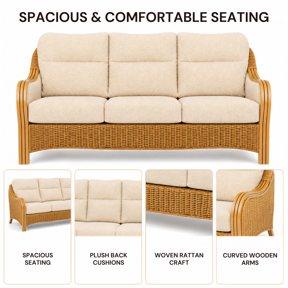 Luxury Handcrafted Rattan Wicker Loveseat Sofa with Cushioned Seating, Curved Wooden Arms & Modern Natural Finish