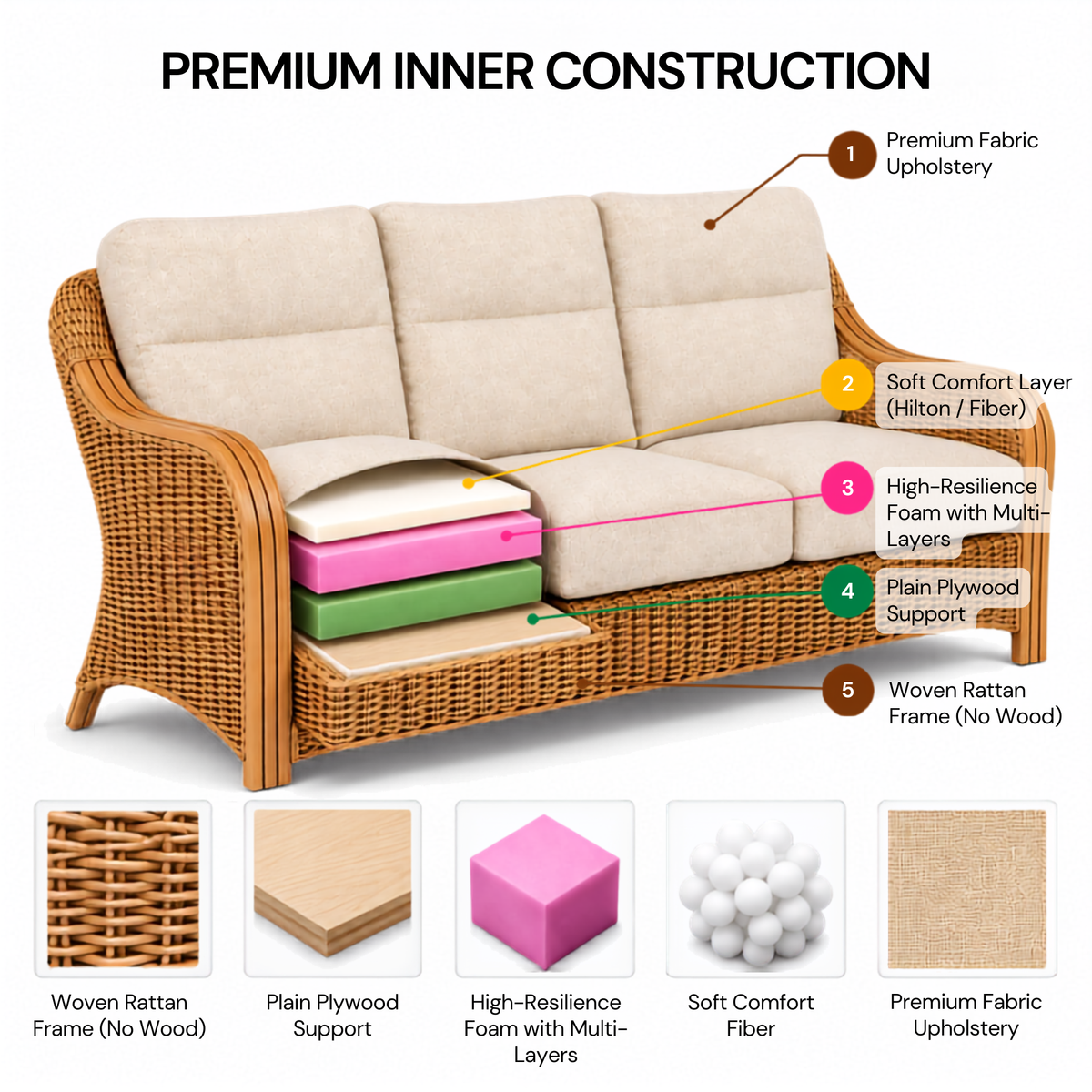 Luxury Handcrafted Rattan Wicker Loveseat Sofa with Cushioned Seating, Curved Wooden Arms & Modern Natural Finish