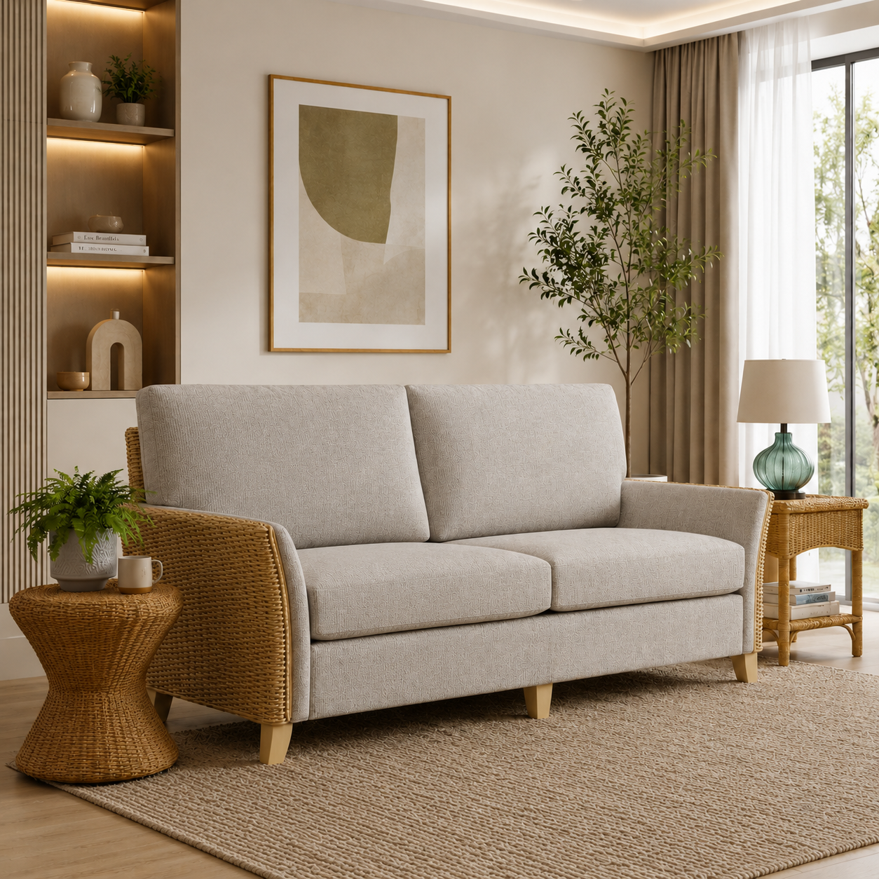 Premium Modern Rattan Sofa with Upholstered Cushions, Woven Side Panels & Solid Wood Legs for Living Room Interiors