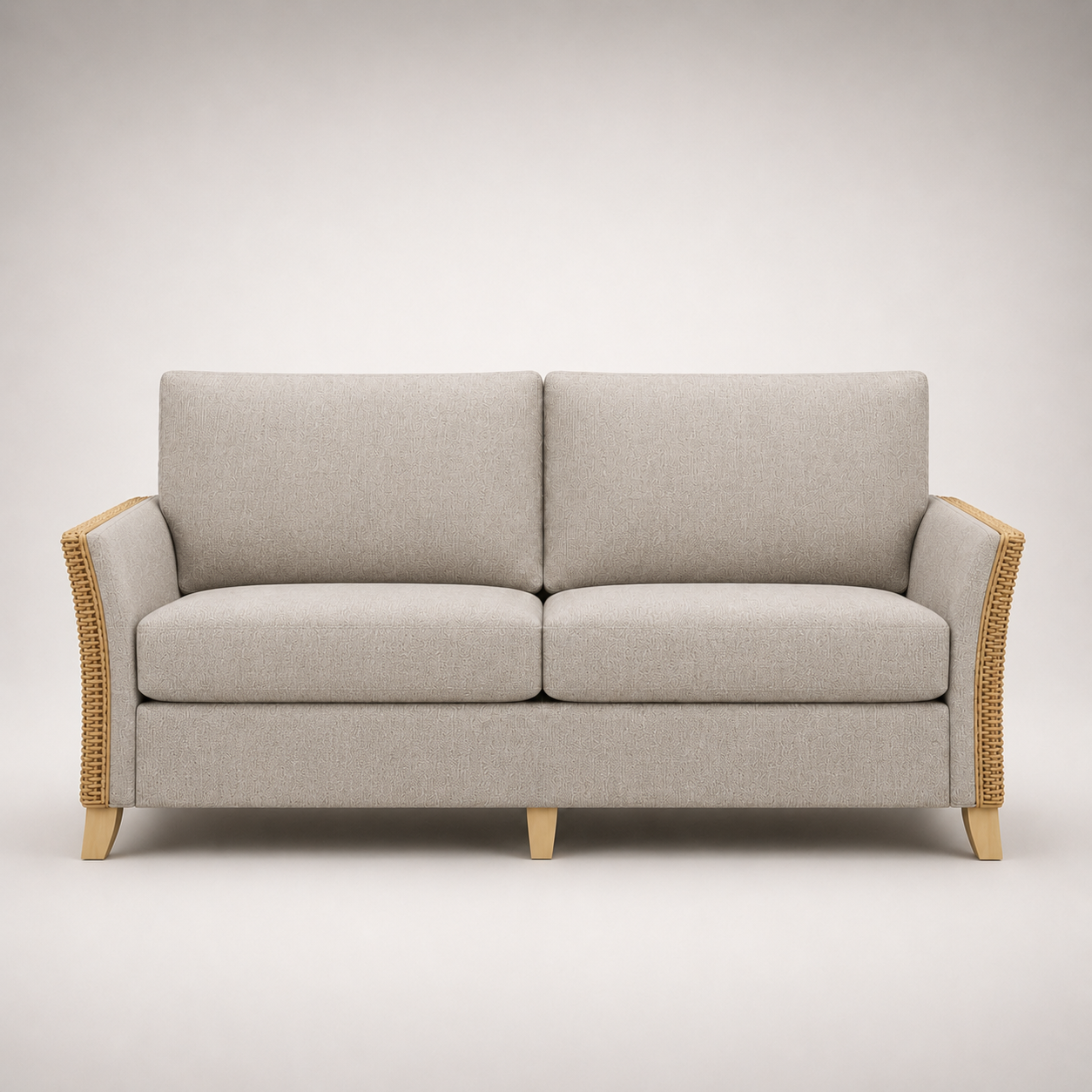Premium Modern Rattan Sofa with Upholstered Cushions, Woven Side Panels & Solid Wood Legs for Living Room Interiors