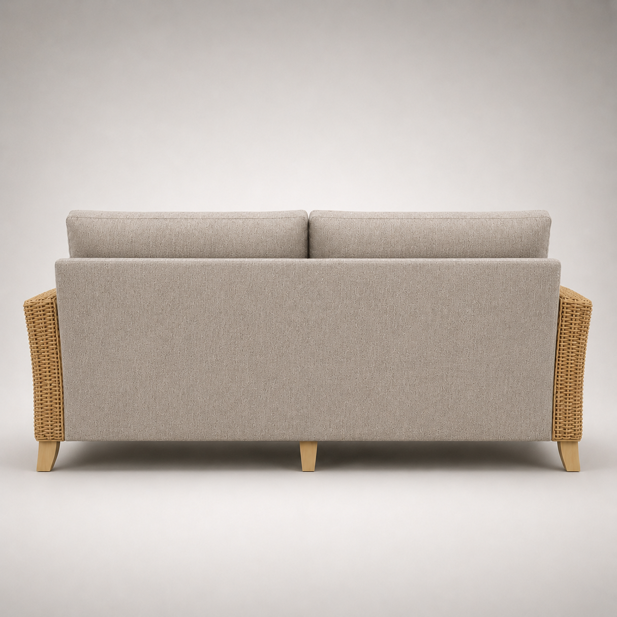 Premium Modern Rattan Sofa with Upholstered Cushions, Woven Side Panels & Solid Wood Legs for Living Room Interiors