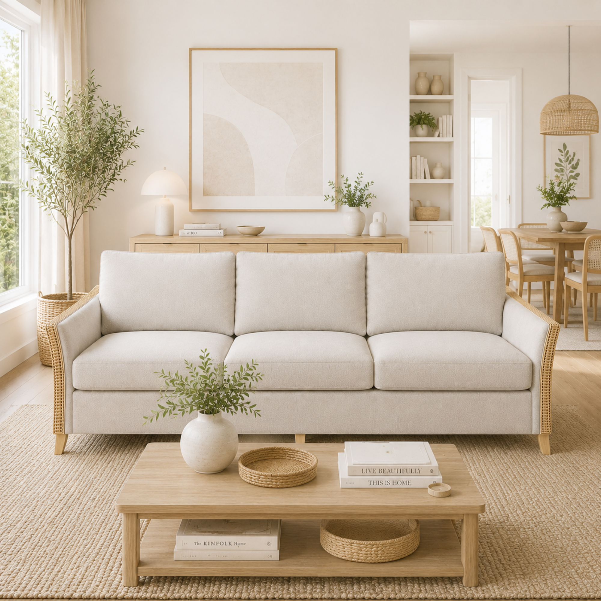 Premium Modern Rattan Sofa with Upholstered Cushions, Woven Side Panels & Solid Wood Legs for Living Room Interiors