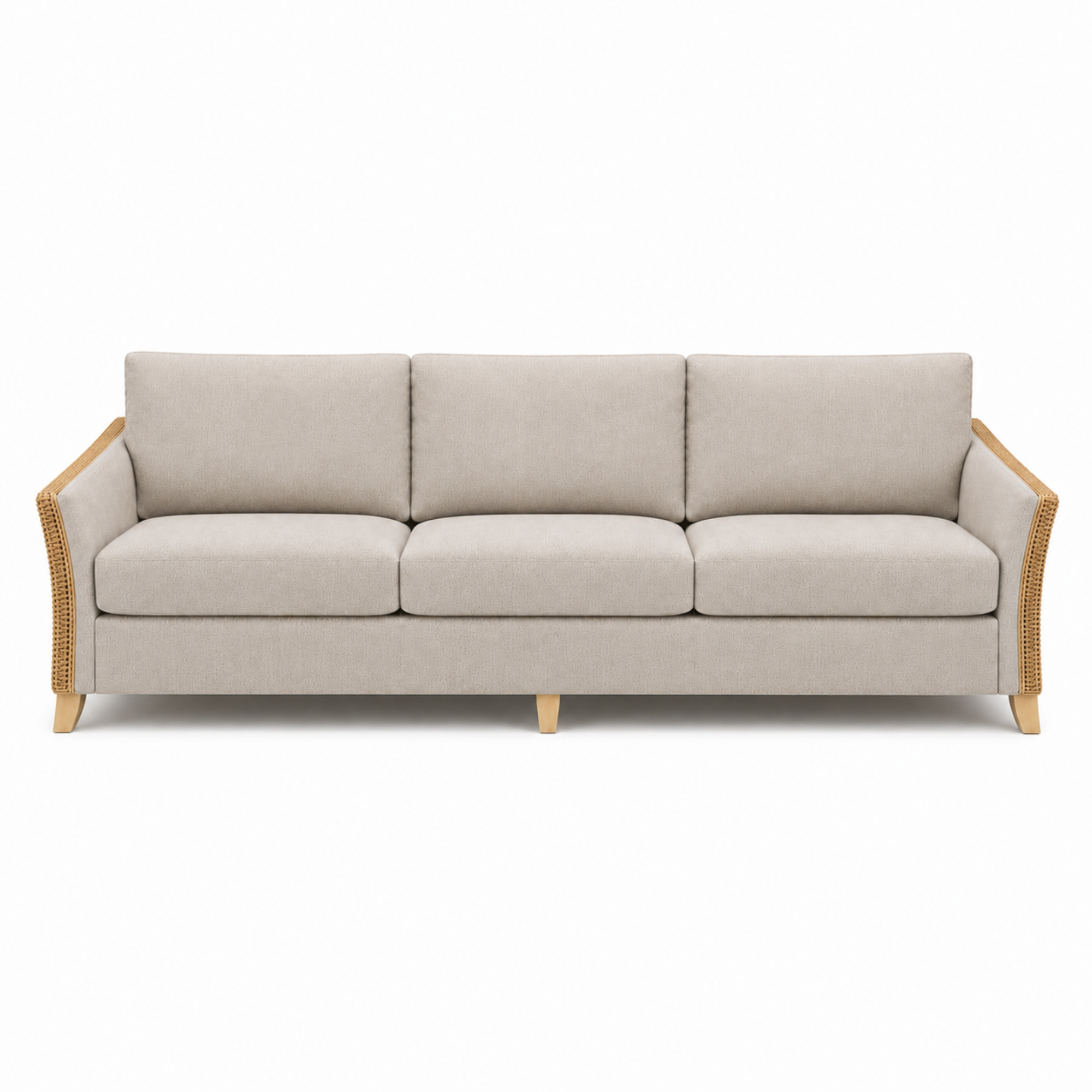 Premium Modern Rattan Sofa with Upholstered Cushions, Woven Side Panels & Solid Wood Legs for Living Room Interiors