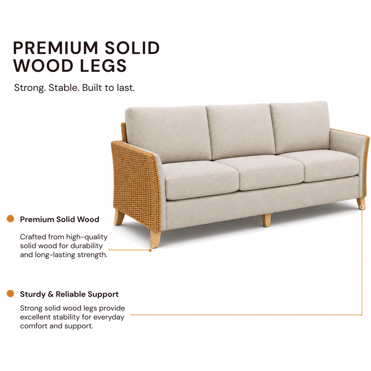 Premium Modern Rattan Sofa with Upholstered Cushions, Woven Side Panels & Solid Wood Legs for Living Room Interiors