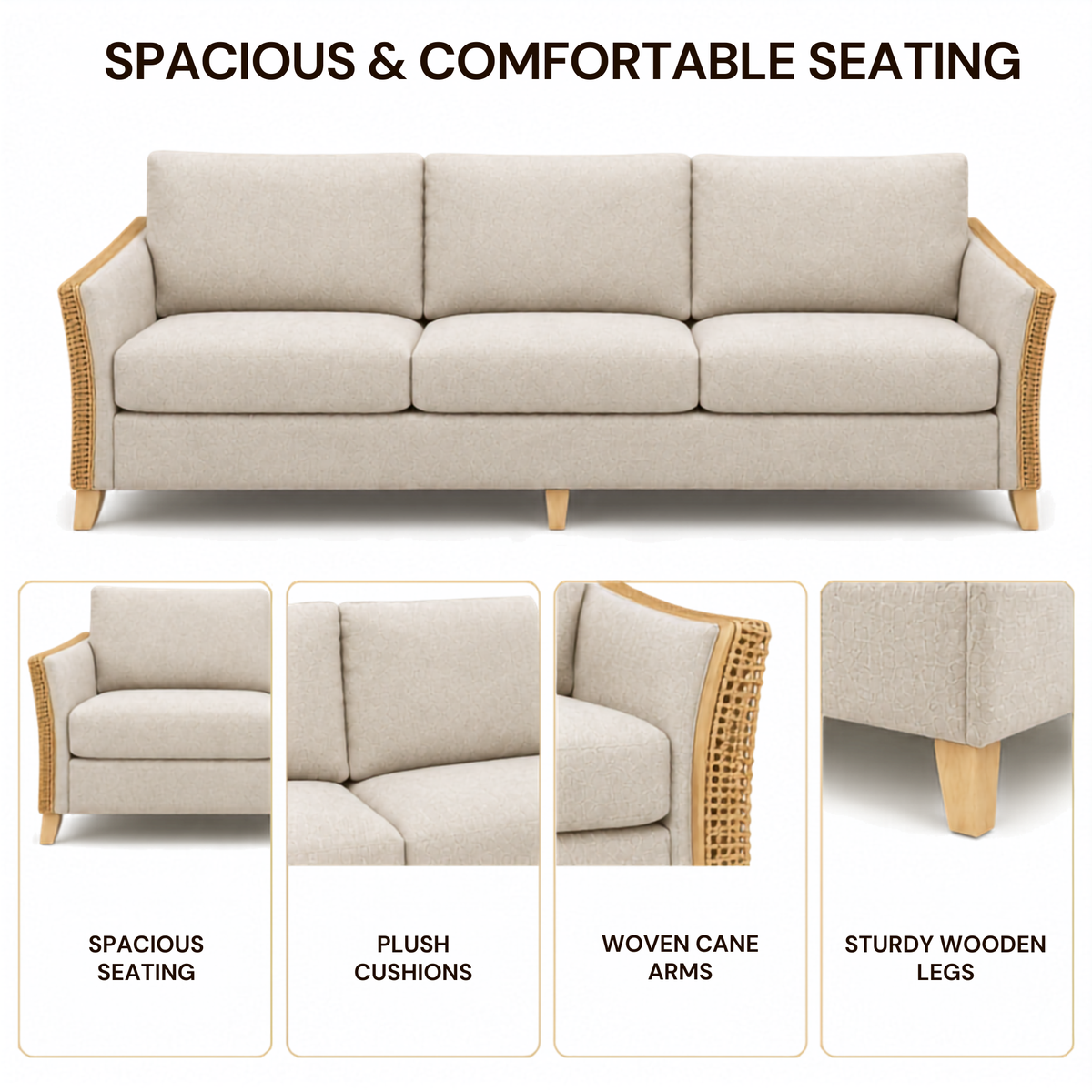 Premium Modern Rattan Sofa with Upholstered Cushions, Woven Side Panels & Solid Wood Legs for Living Room Interiors