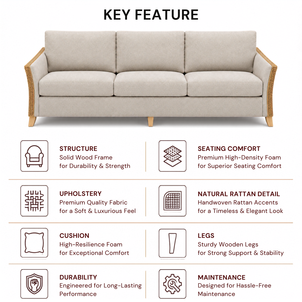 Premium Modern Rattan Sofa with Upholstered Cushions, Woven Side Panels & Solid Wood Legs for Living Room Interiors